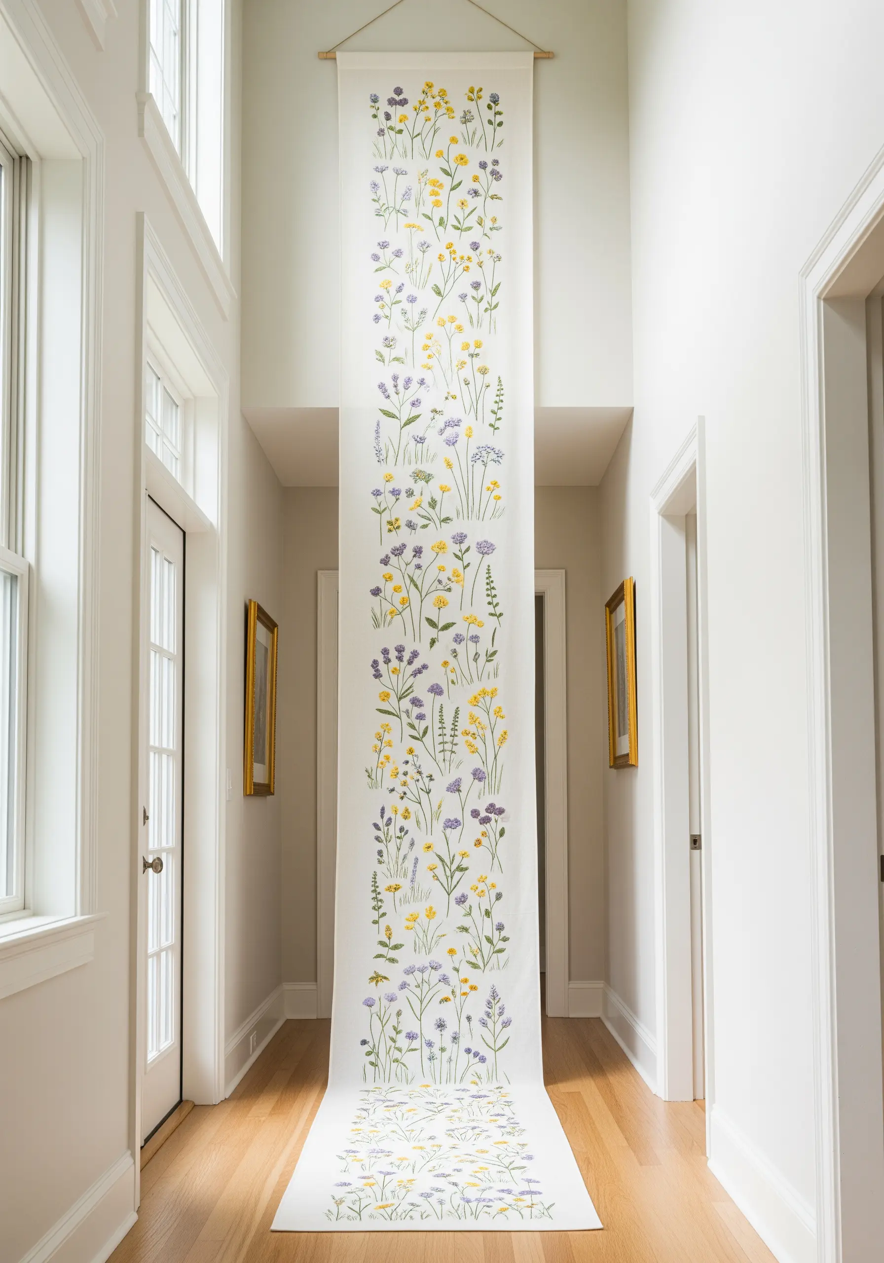 A very long, narrow wall hanging embroidered with a field of purple and yellow wildflowers.