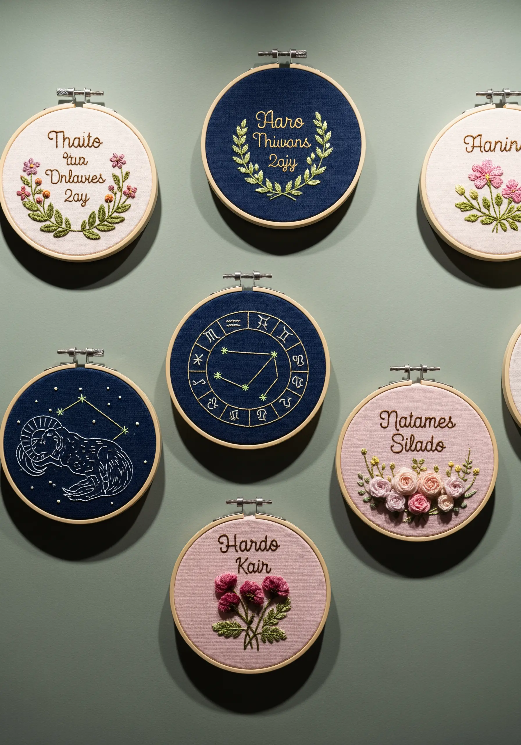 A gallery wall of nine embroidery hoops with varied designs in a cohesive color palette.