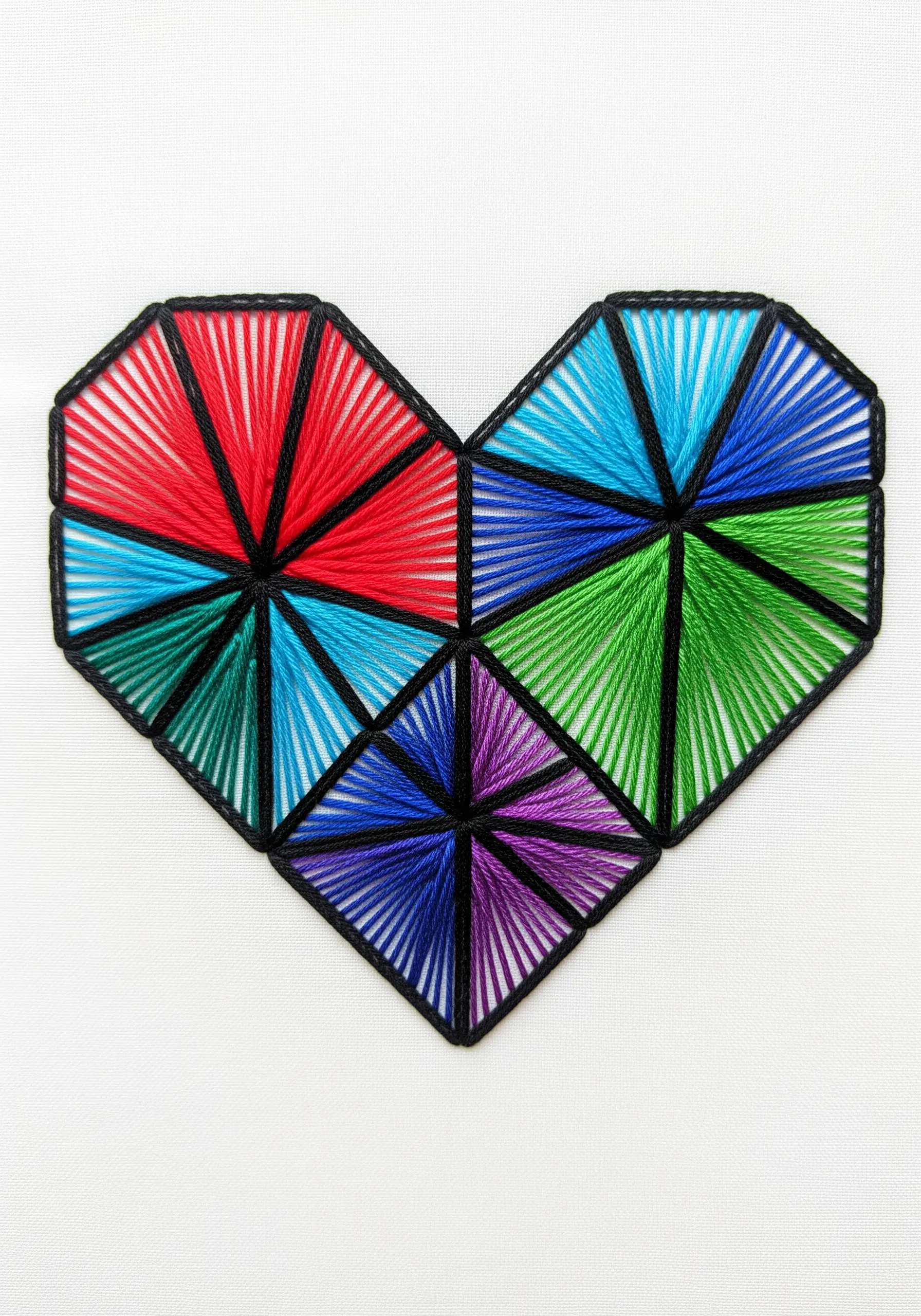 A heart shape composed of smaller geometric sections filled with colorful radiating threads.