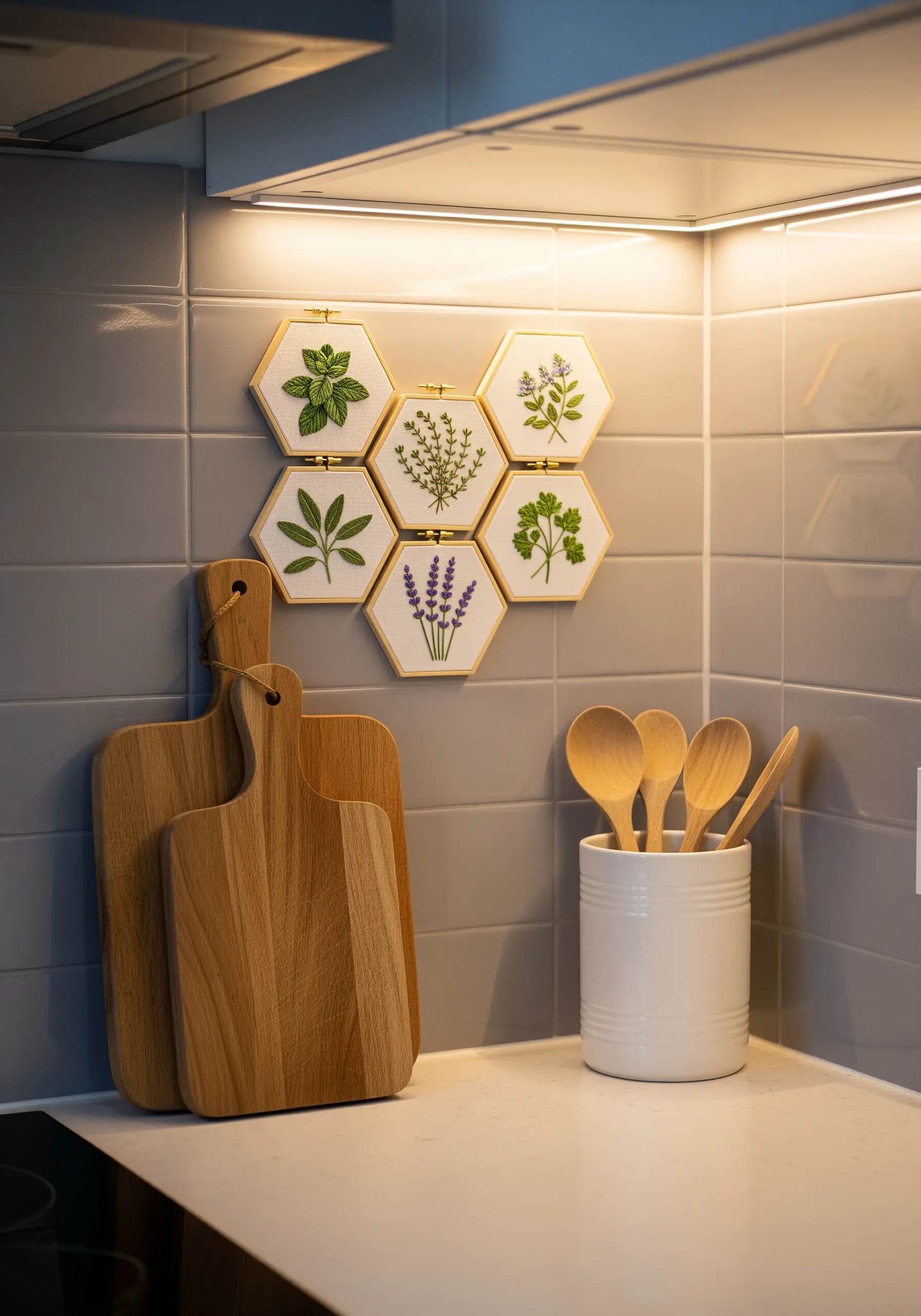 A honeycomb arrangement of six hexagonal embroidery hoops featuring different herbs on a gray tiled wall.