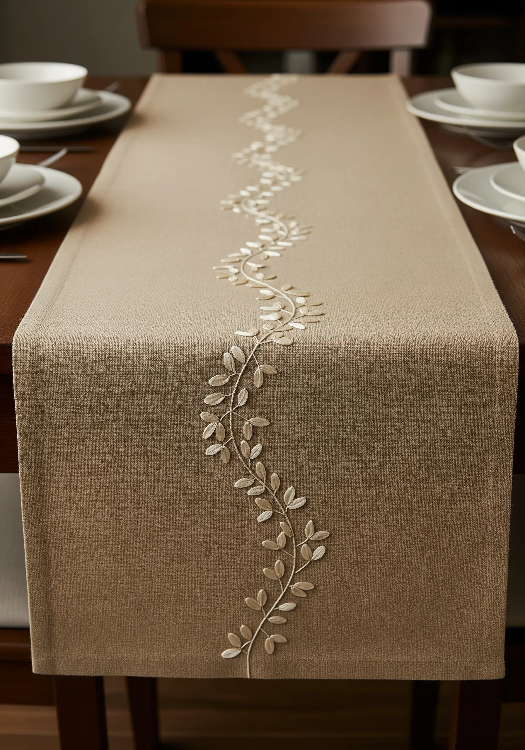 A beige table runner with a flowing, embroidered vine of leaves in cream tones.