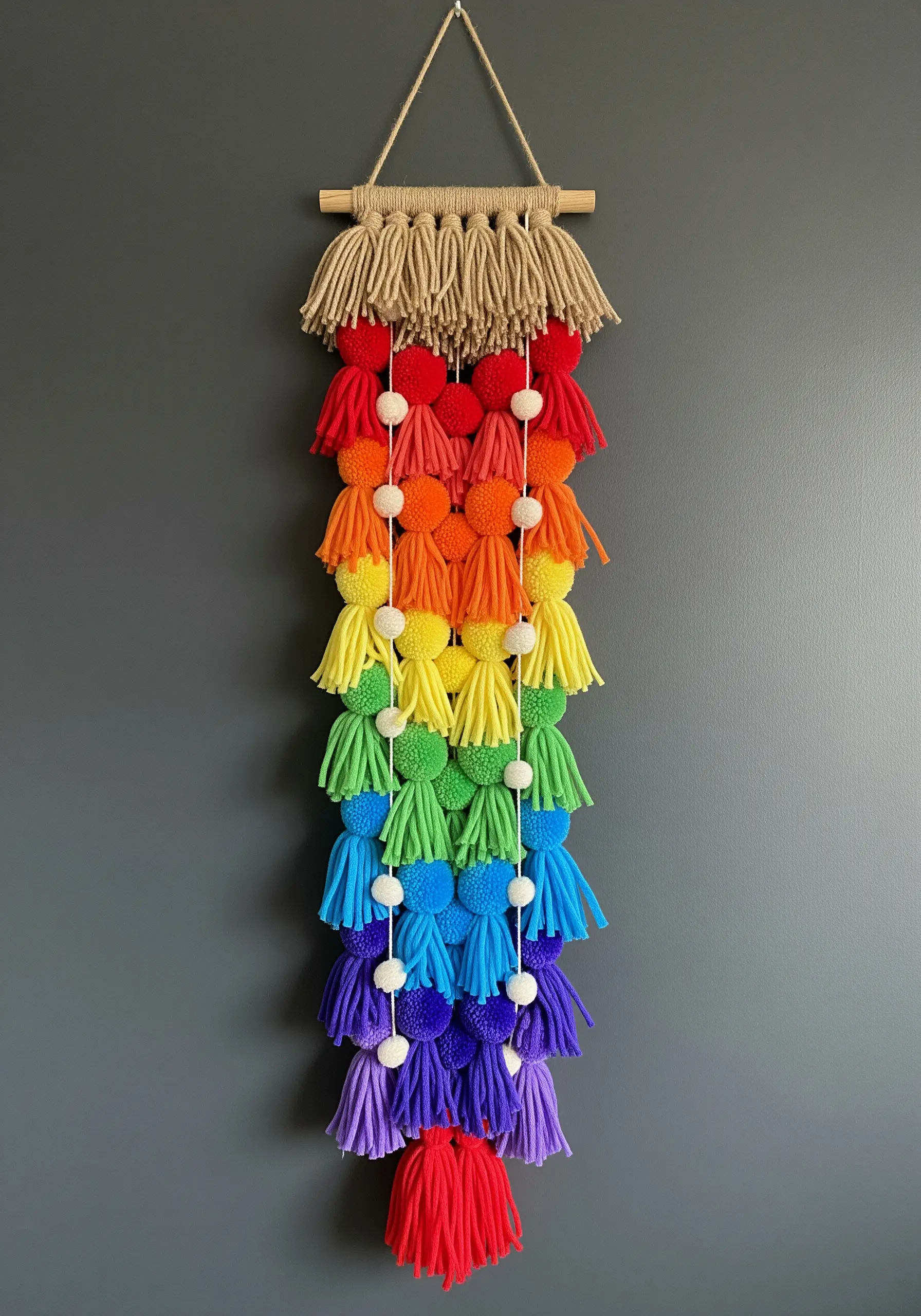 A rainbow wall hanging made of layered tassels and pom-poms, arranged in a gradient.