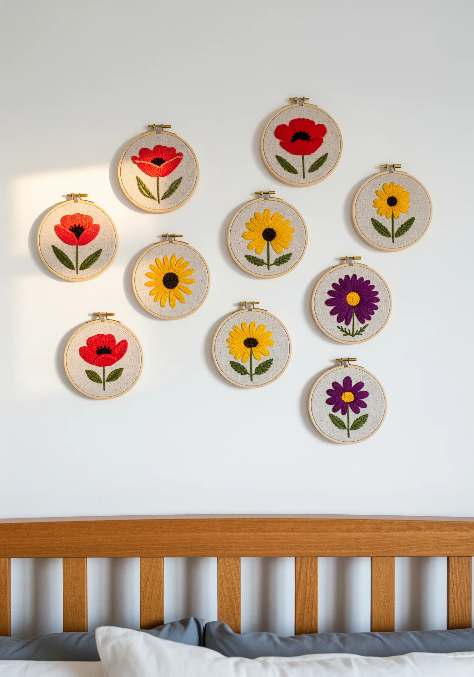 A gallery wall of nine small embroidery hoops featuring simple poppy, sunflower, and daisy designs.