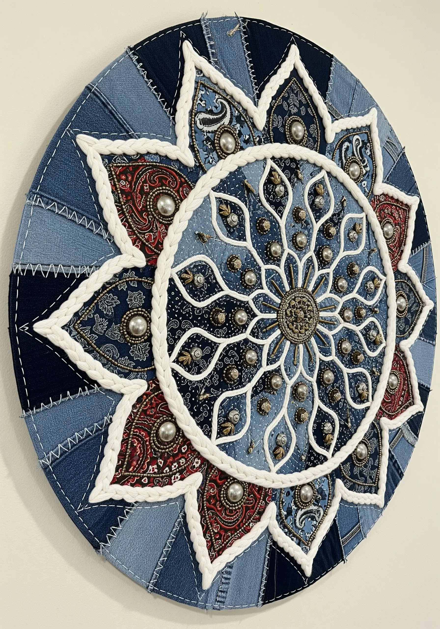 A large circular mandala made from pieced-together scraps of denim and embellished with beads.