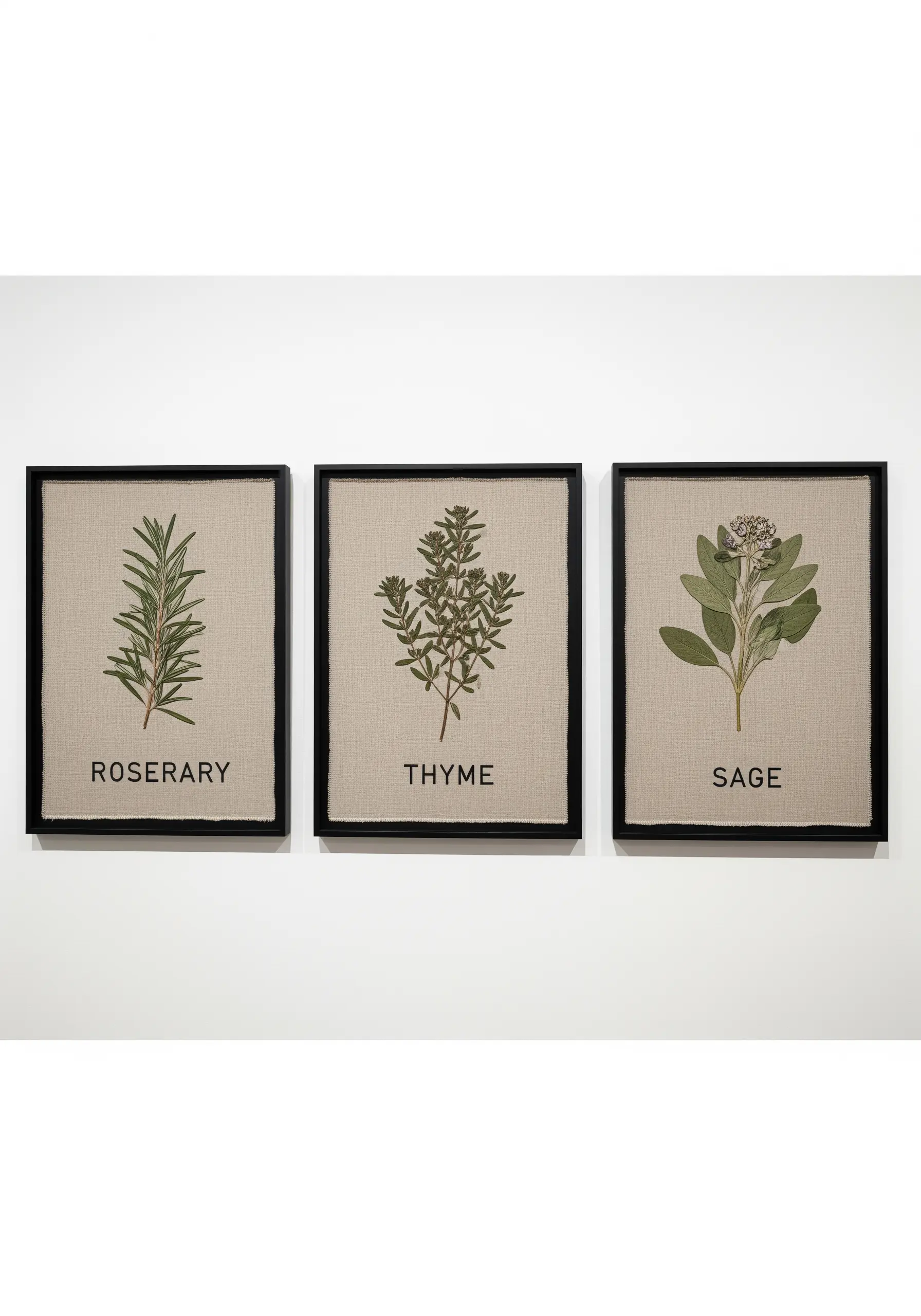 Three framed pressed herbs (rosemary, thyme, sage) with embroidered text labels.