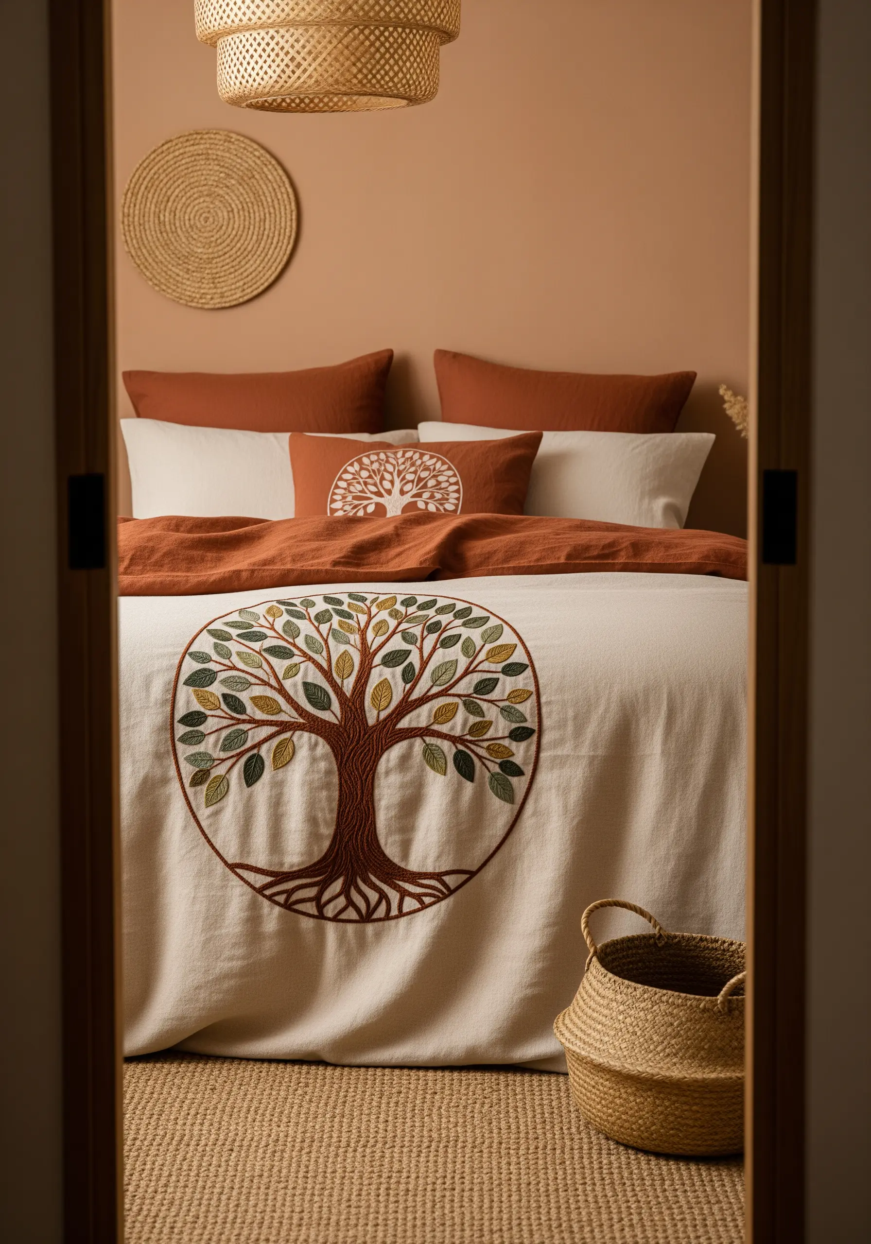 A large Tree of Life embroidered in a circle on a duvet cover.