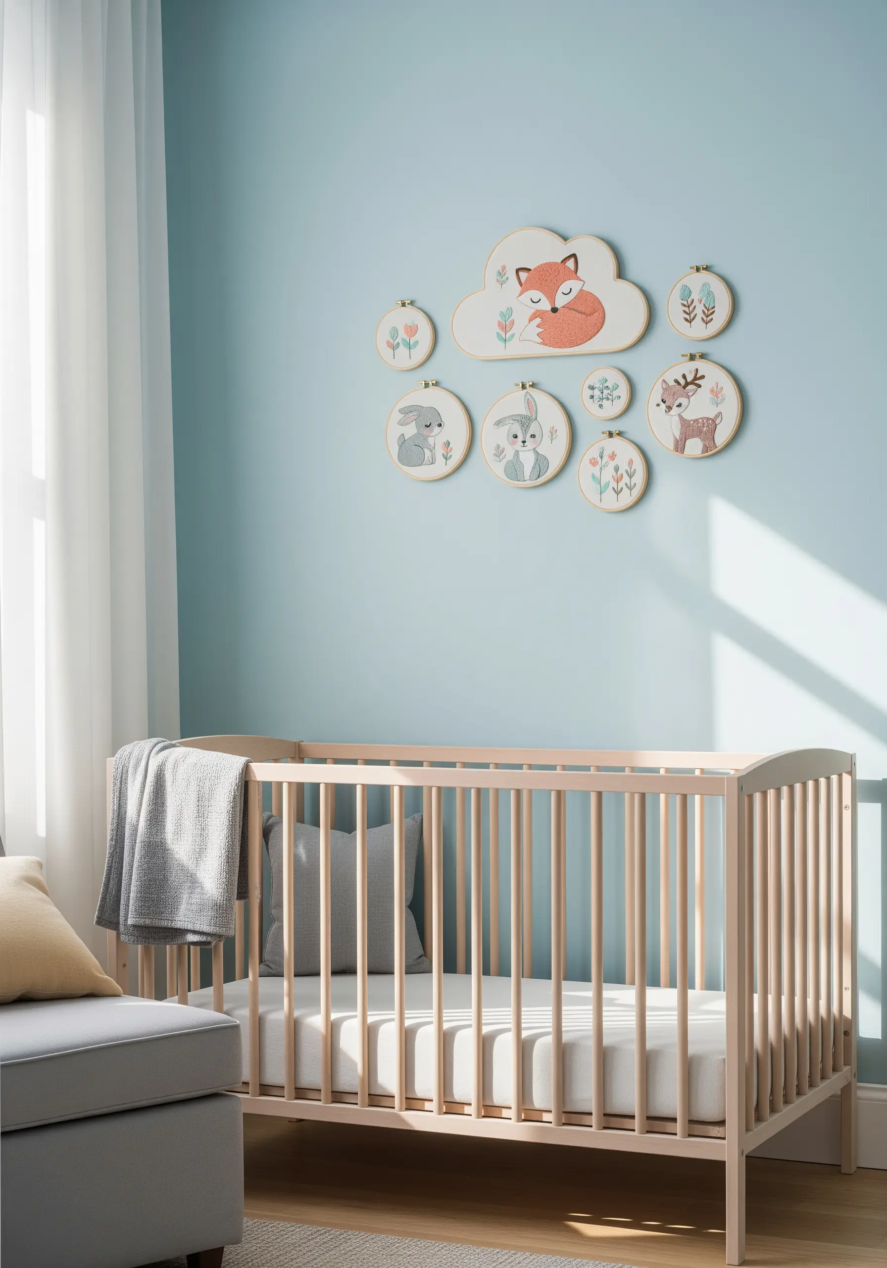 A collection of woodland animal embroidery hoops, including a cloud-shaped frame, in a nursery.