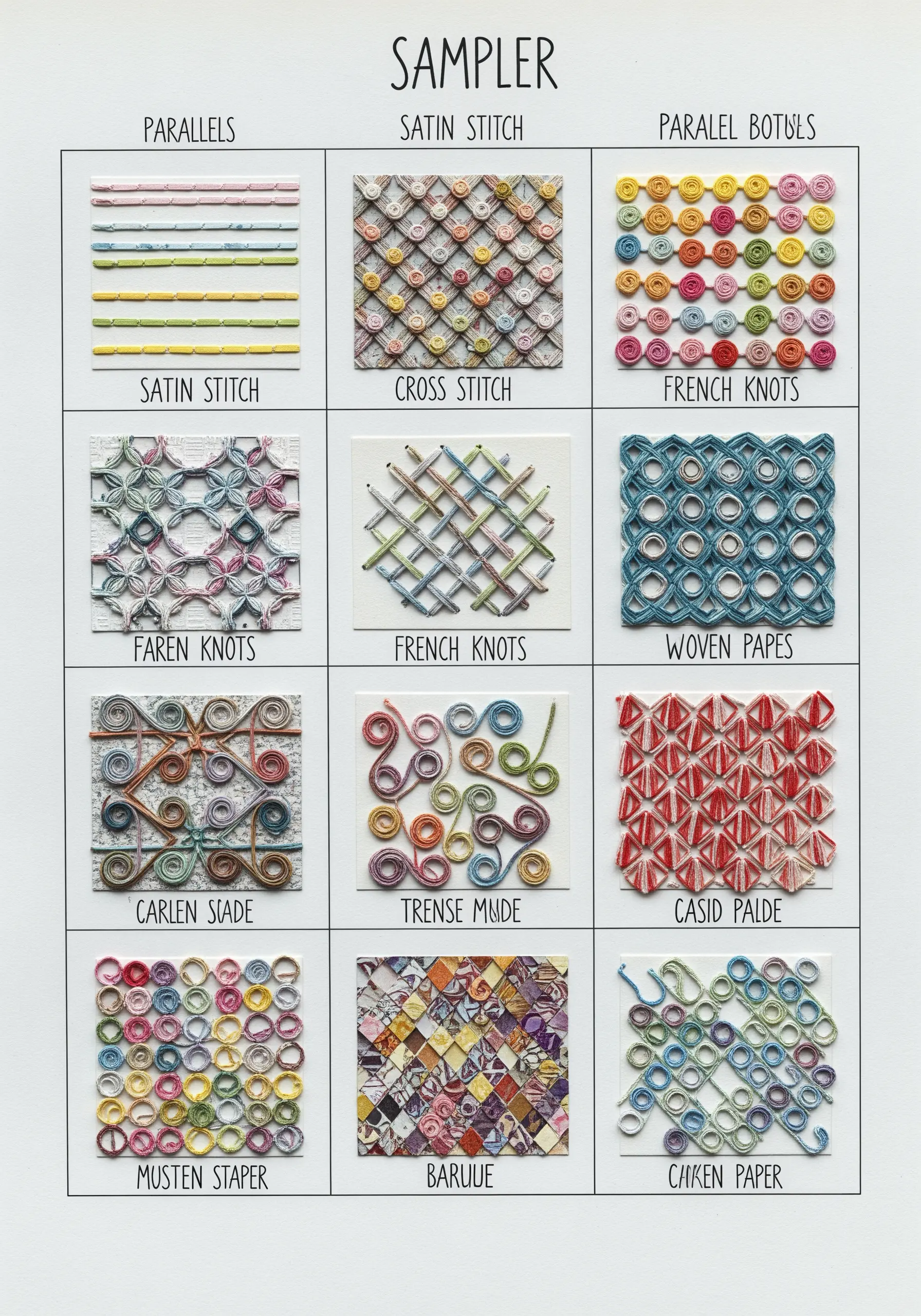 A sampler showing fifteen different paper techniques that mimic embroidery stitches.
