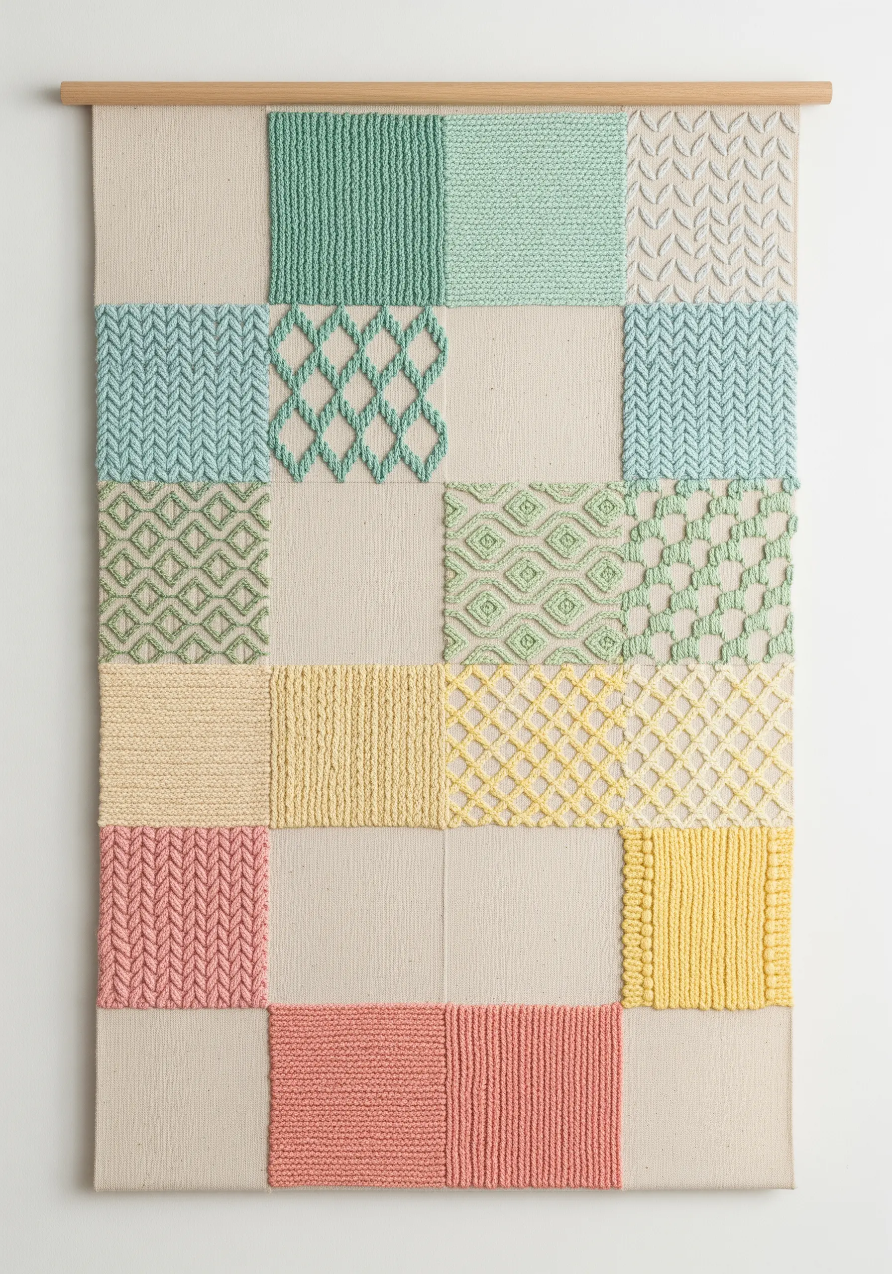 A large fabric sampler with blocks of different pastel-colored embroidery stitches.