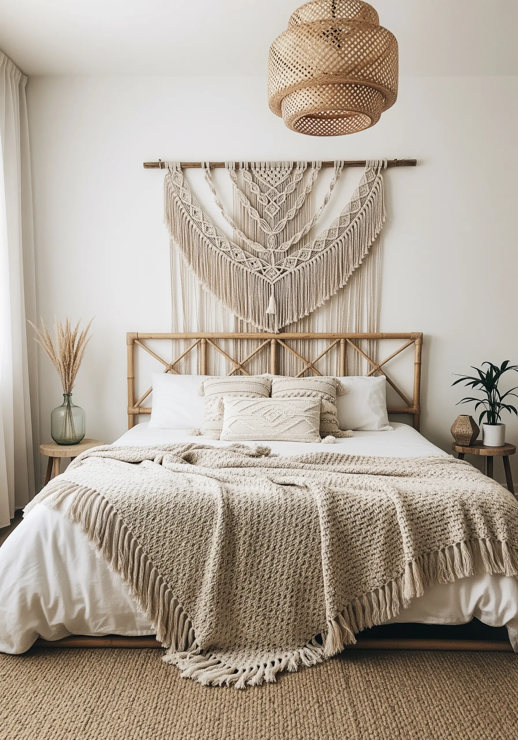 A large macrame wall hanging used as a headboard in a neutral, bohemian-style bedroom.