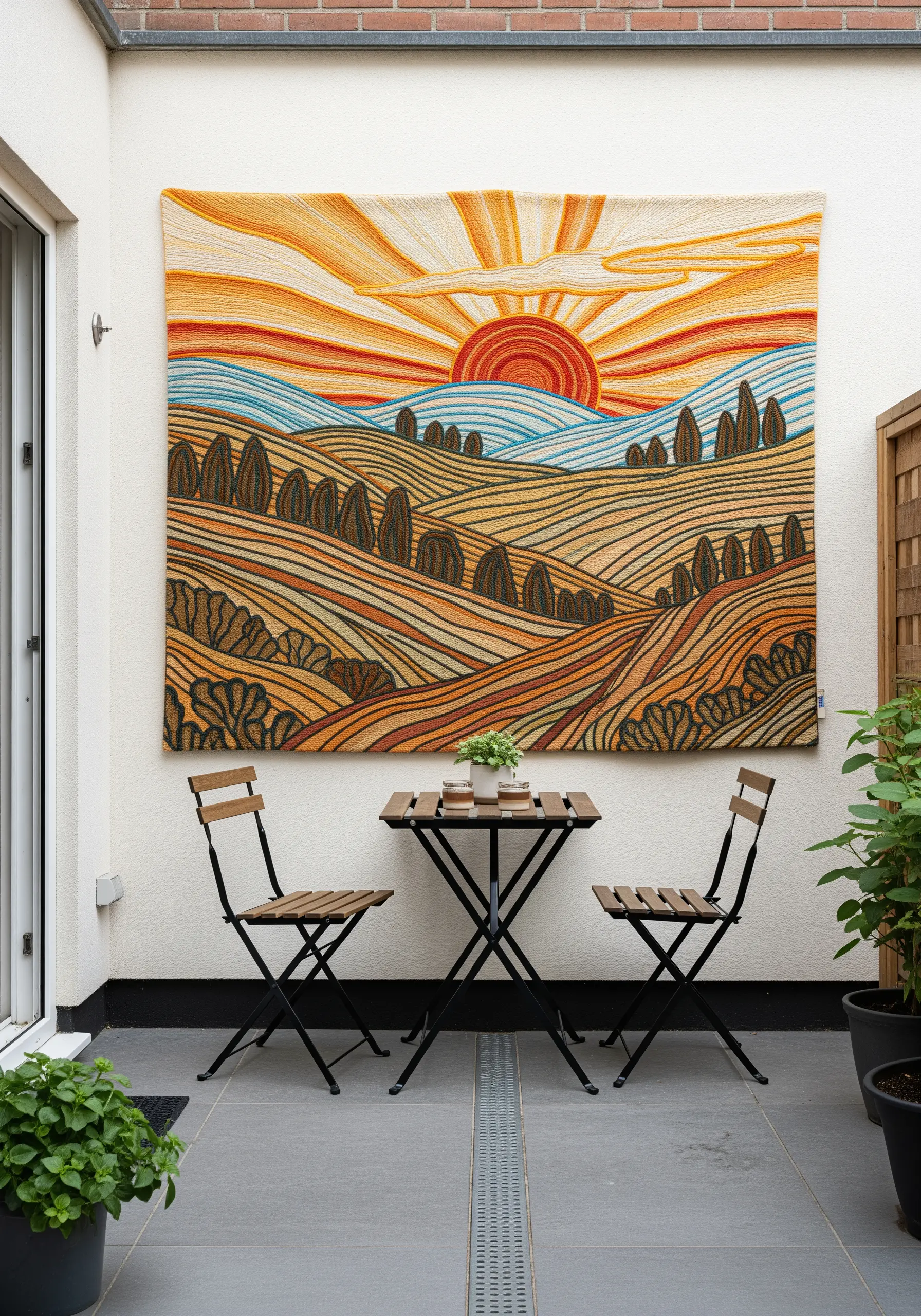 A large embroidered tapestry depicting a stylized sunrise over rolling hills on a patio wall.