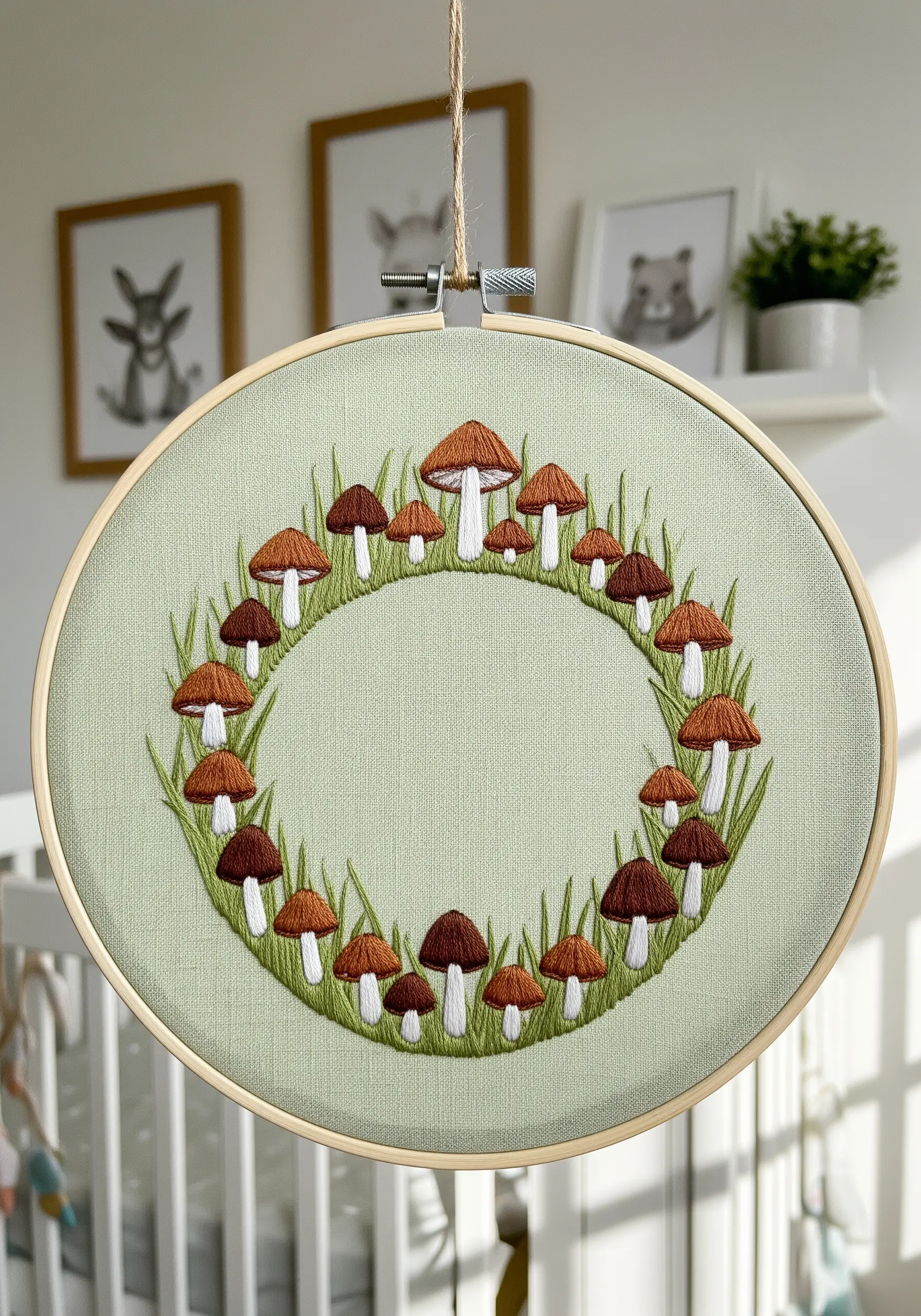 A simple, symmetrical wreath of brown and white mushrooms on a sage green fabric.