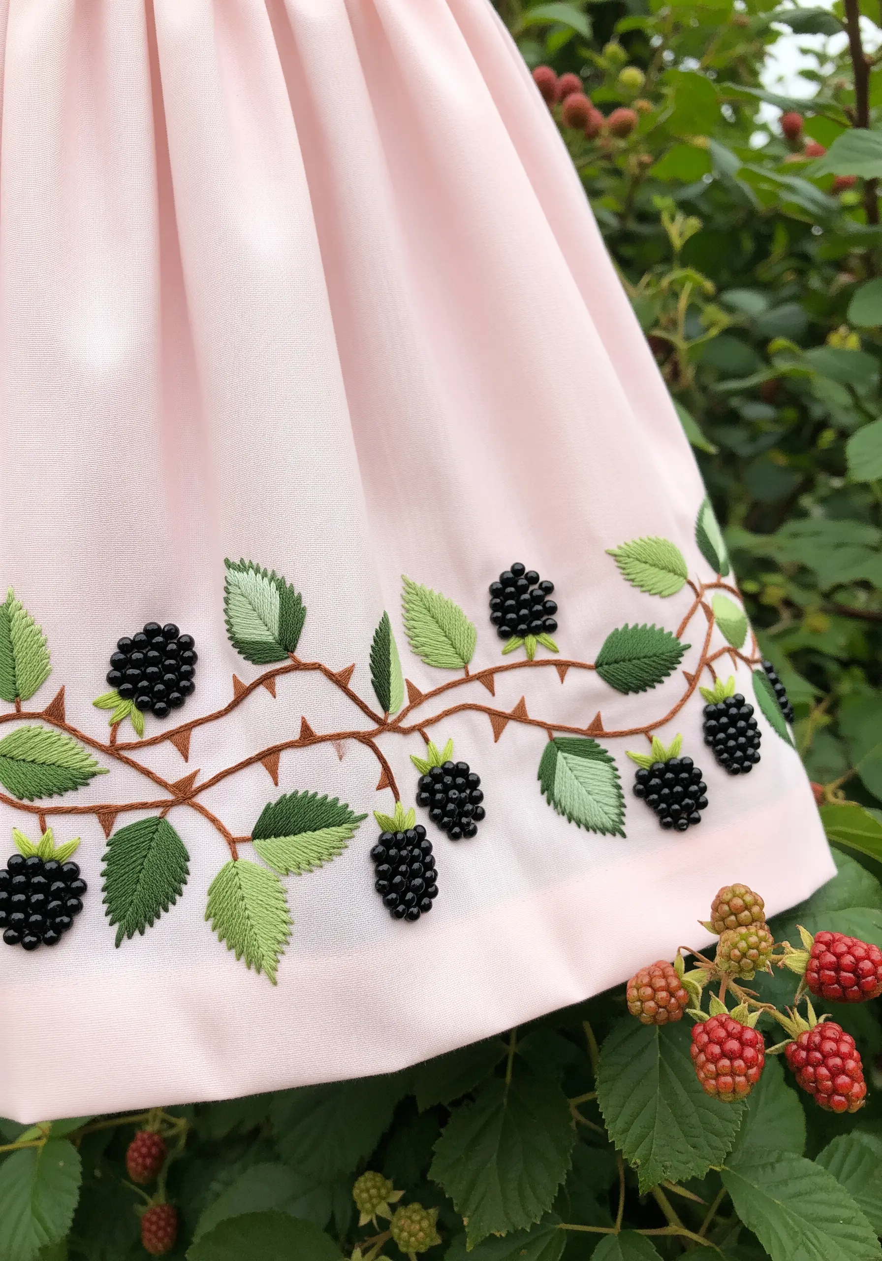 A border of embroidered blackberry vines with beaded berries on a pink skirt.
