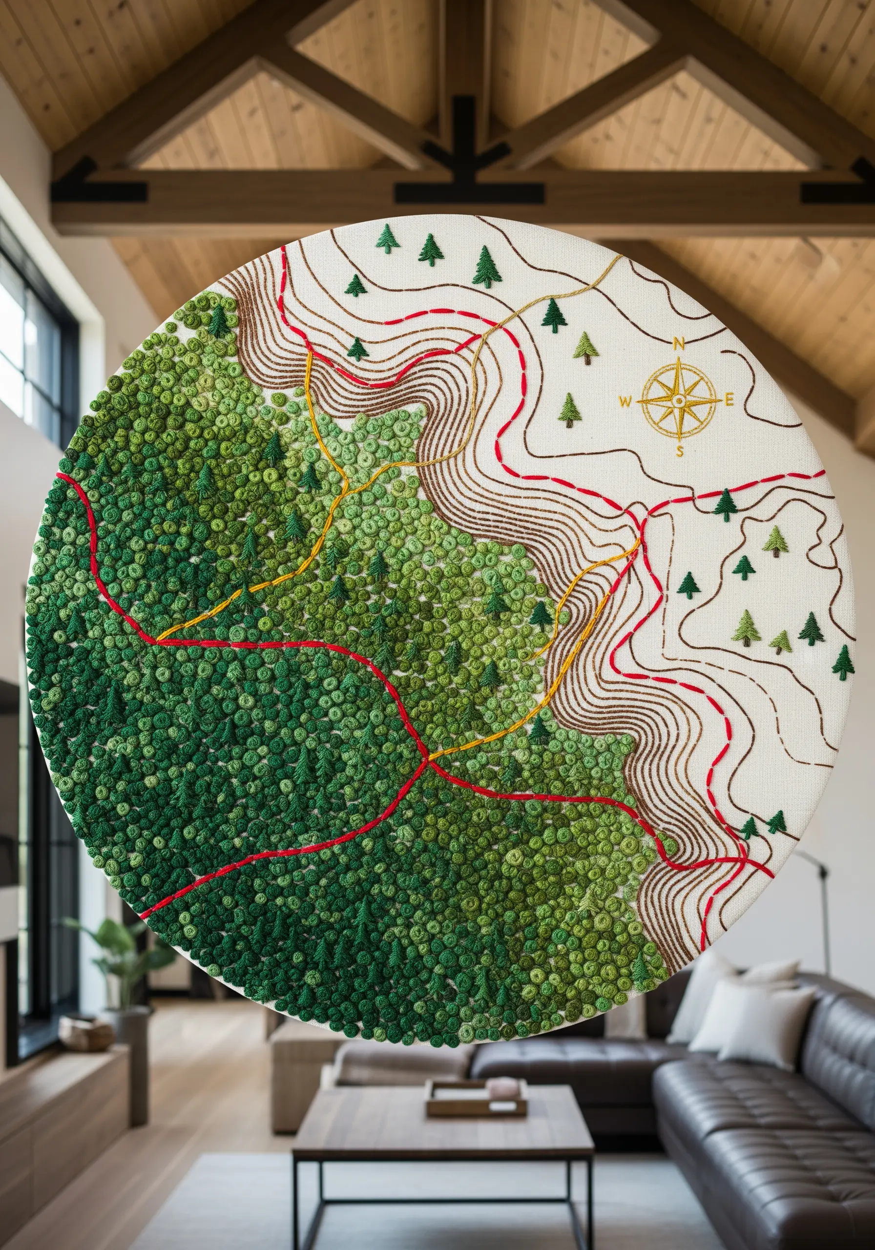 A large, circular embroidery piece depicting a topographical map with dense green knots.