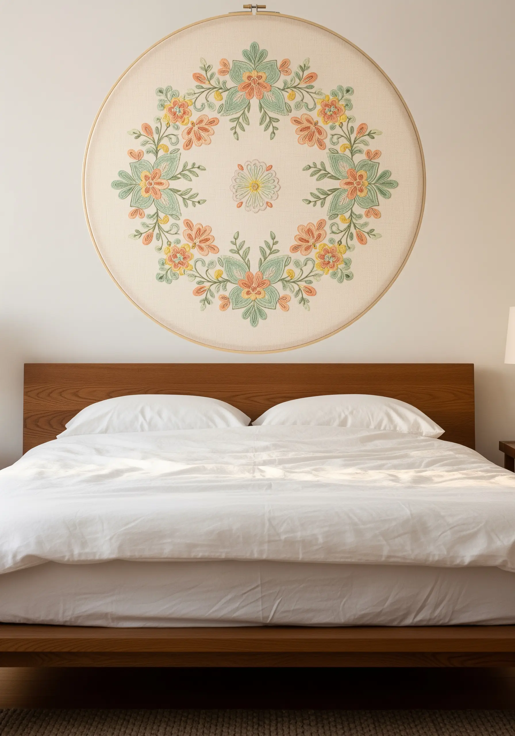 Large embroidery hoop with a pastel floral wreath mandala design.