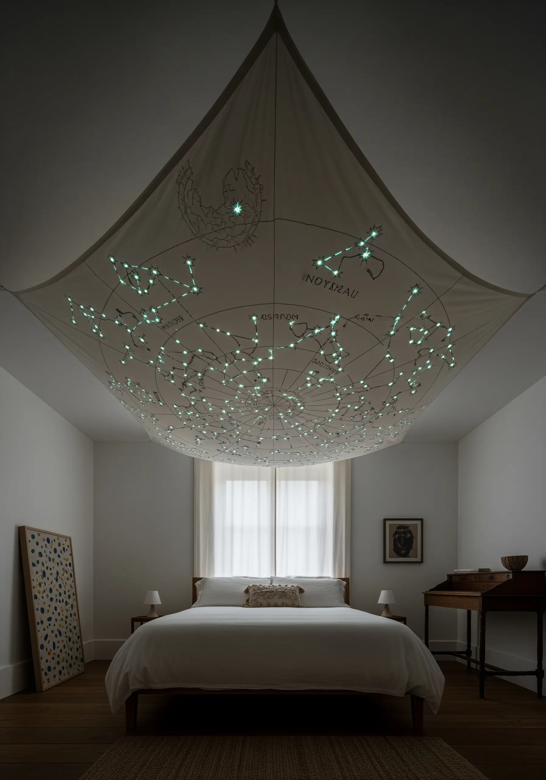 A fabric canopy on a ceiling with embroidered constellations that light up with integrated LED lights.