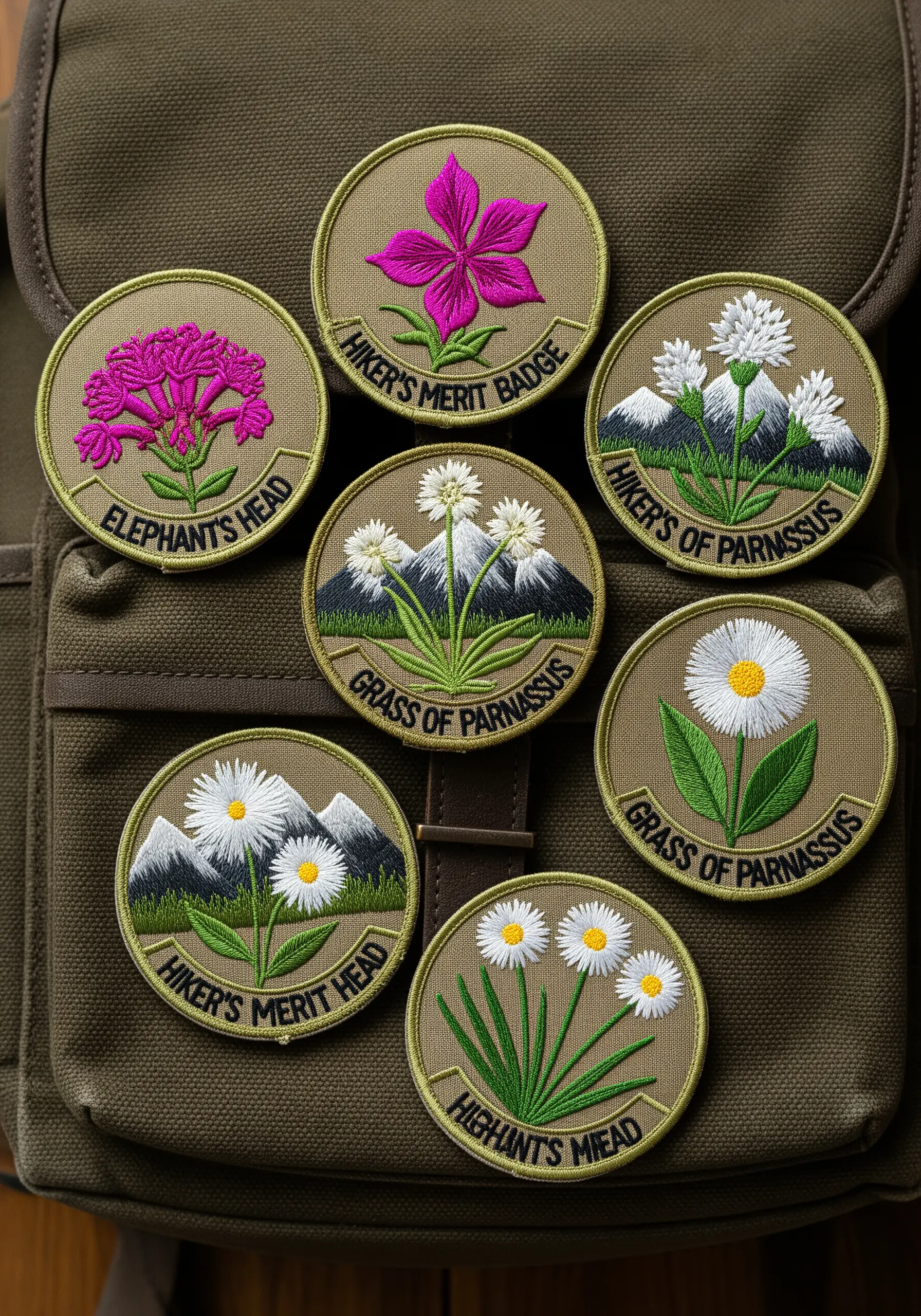 A collection of seven circular embroidered patches with wildflower and mountain motifs