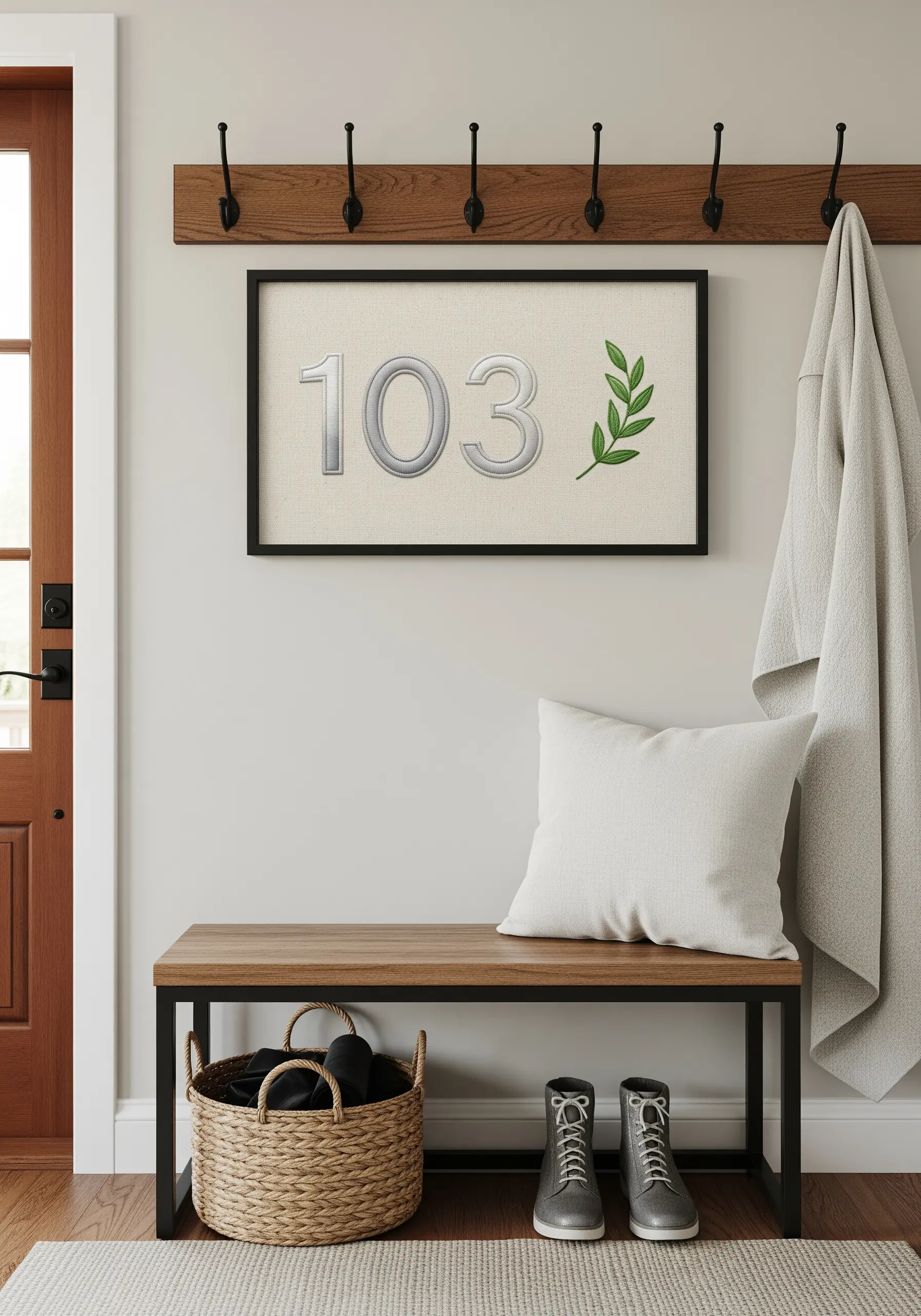 A framed piece of embroidery showing a house number with a simple green leaf.