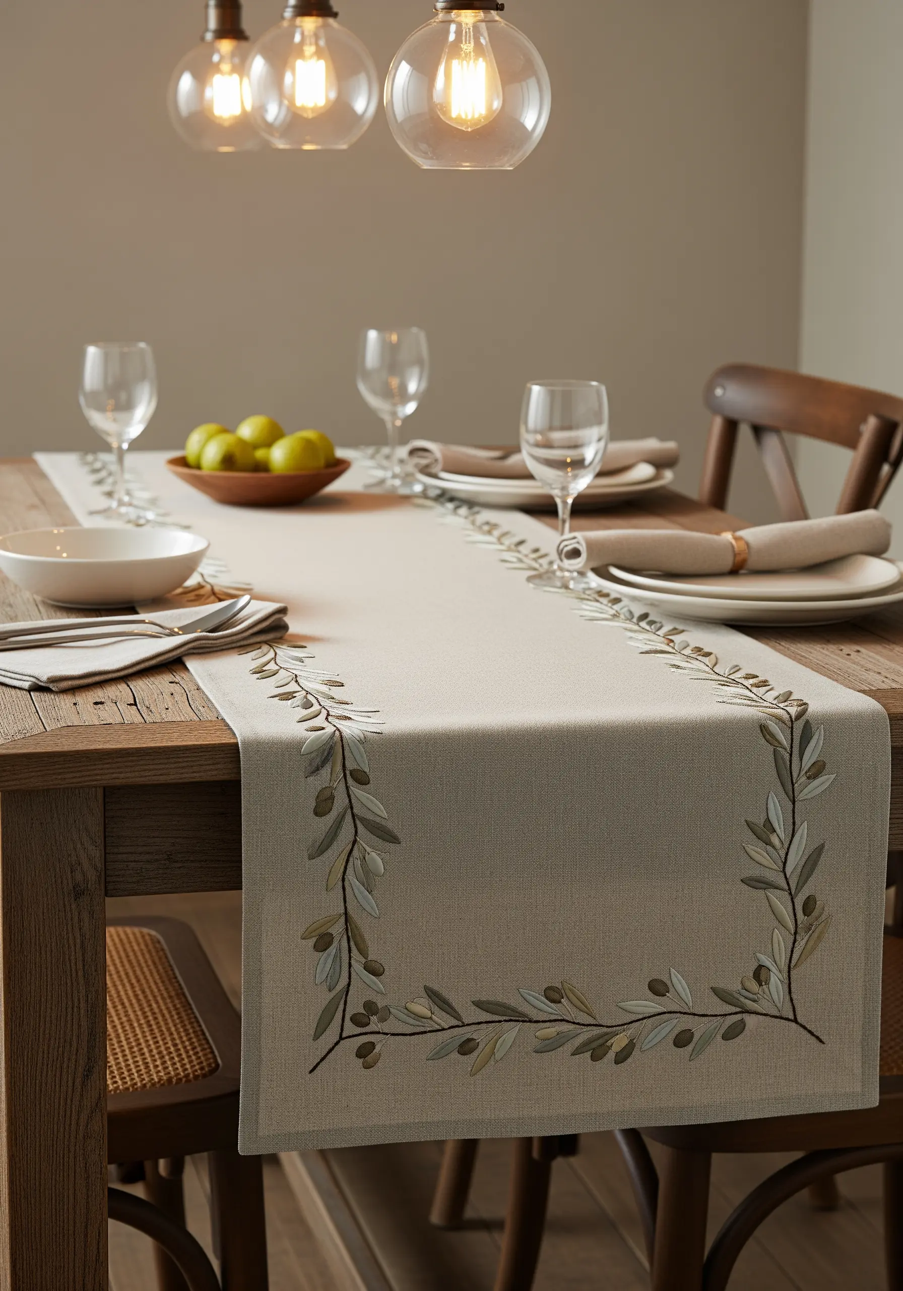 A neutral linen table runner with an elegant embroidered olive branch border.