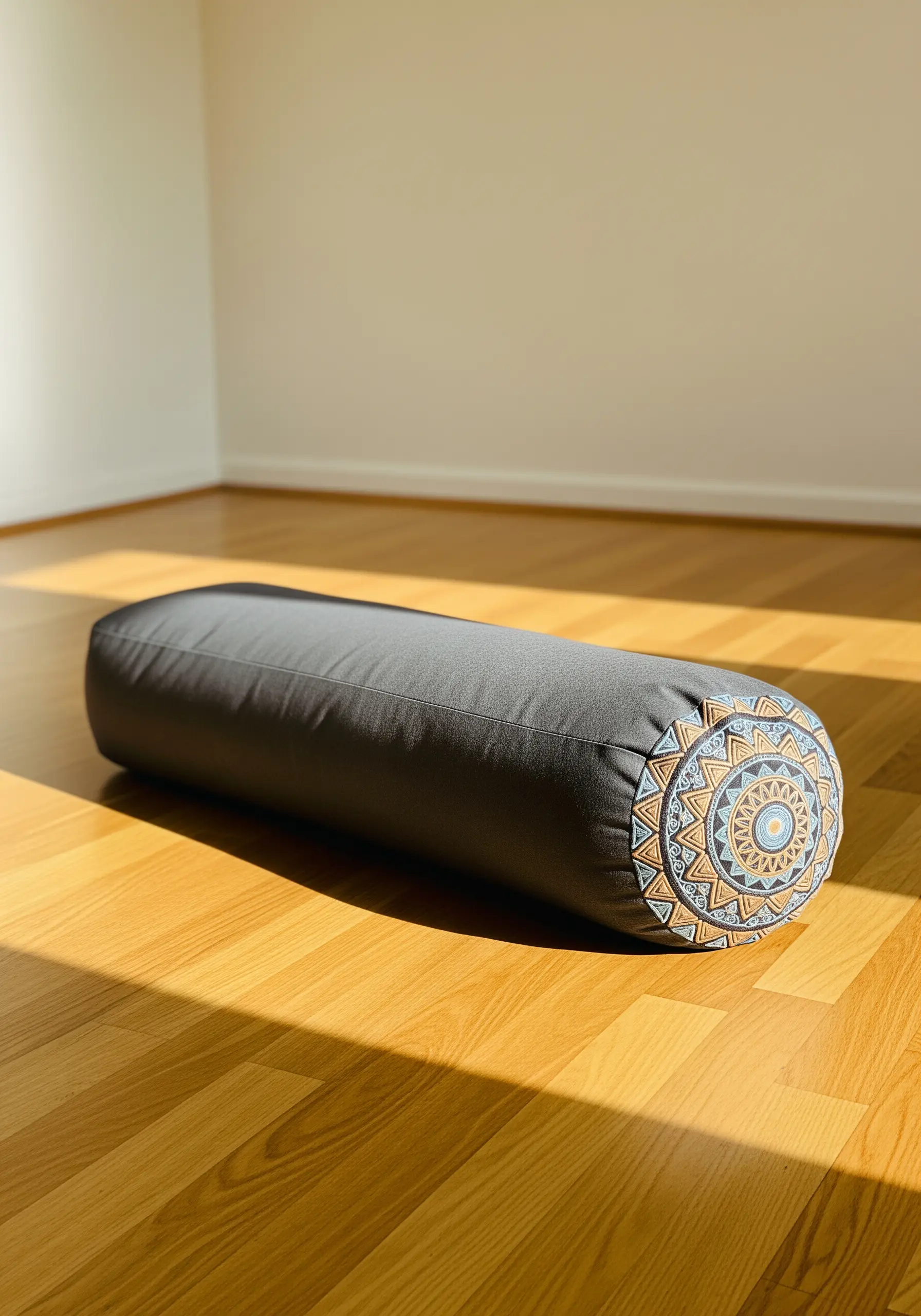 A gray yoga bolster with a detailed, earth-toned mandala embroidered on the end.