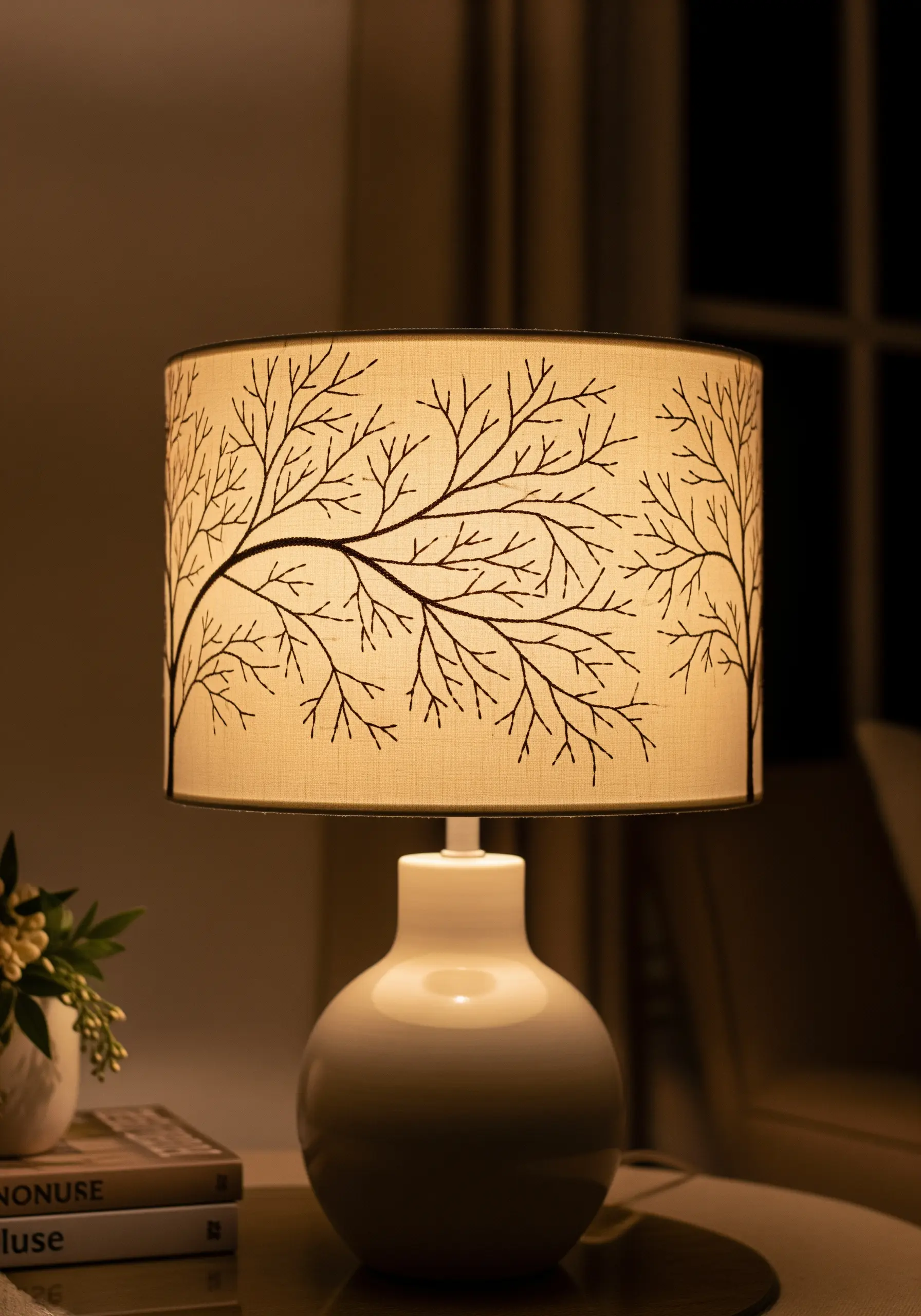 A lampshade with a black embroidered silhouette of bare tree branches against the light