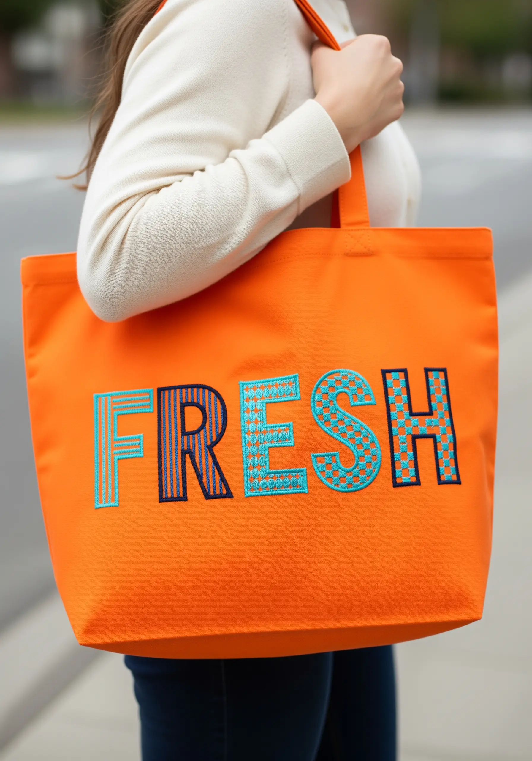 The word FRESH embroidered in patterned fills on a bright orange tote bag