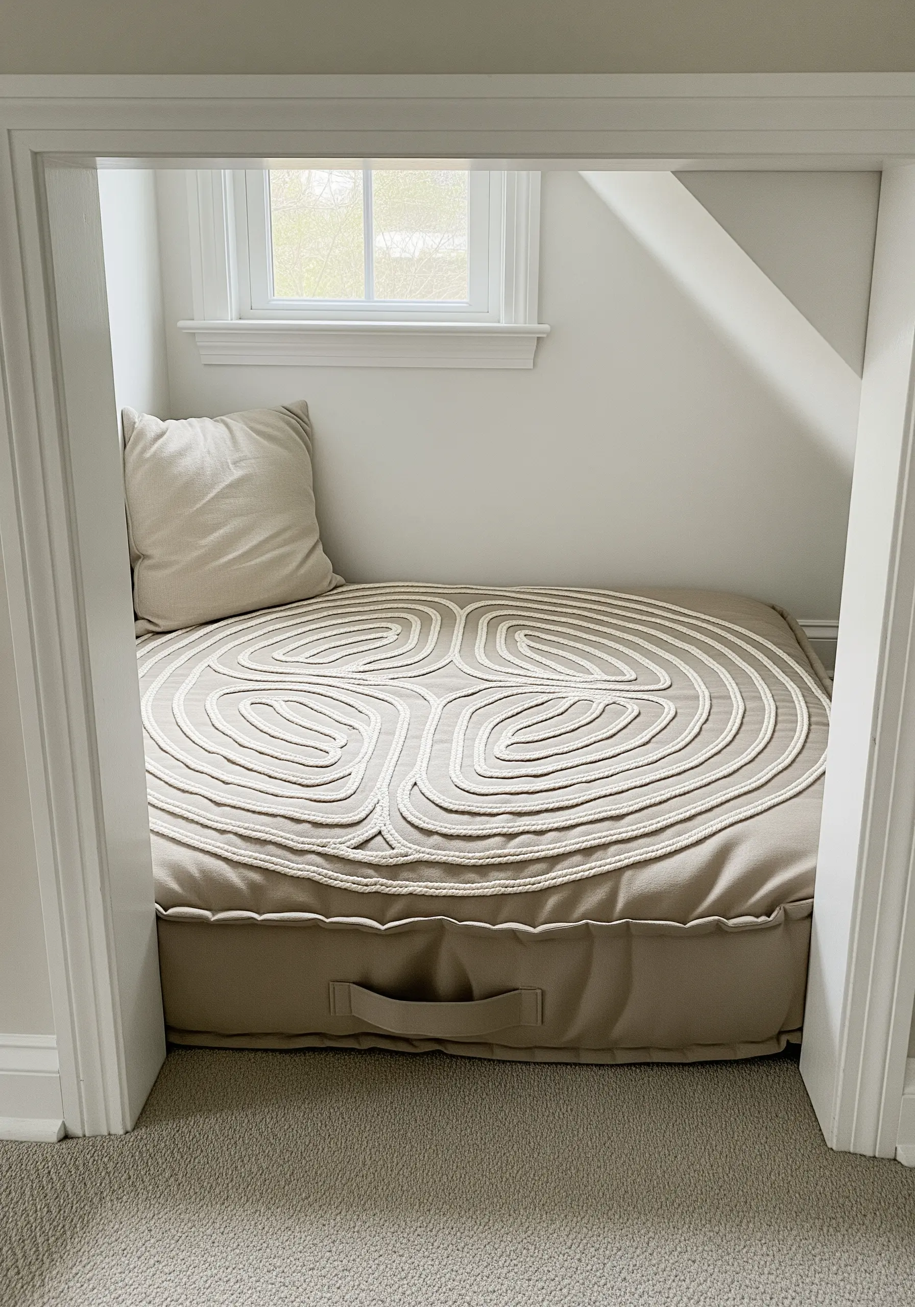 A large floor cushion with a couched rope design forming a continuous, labyrinth-like pattern.