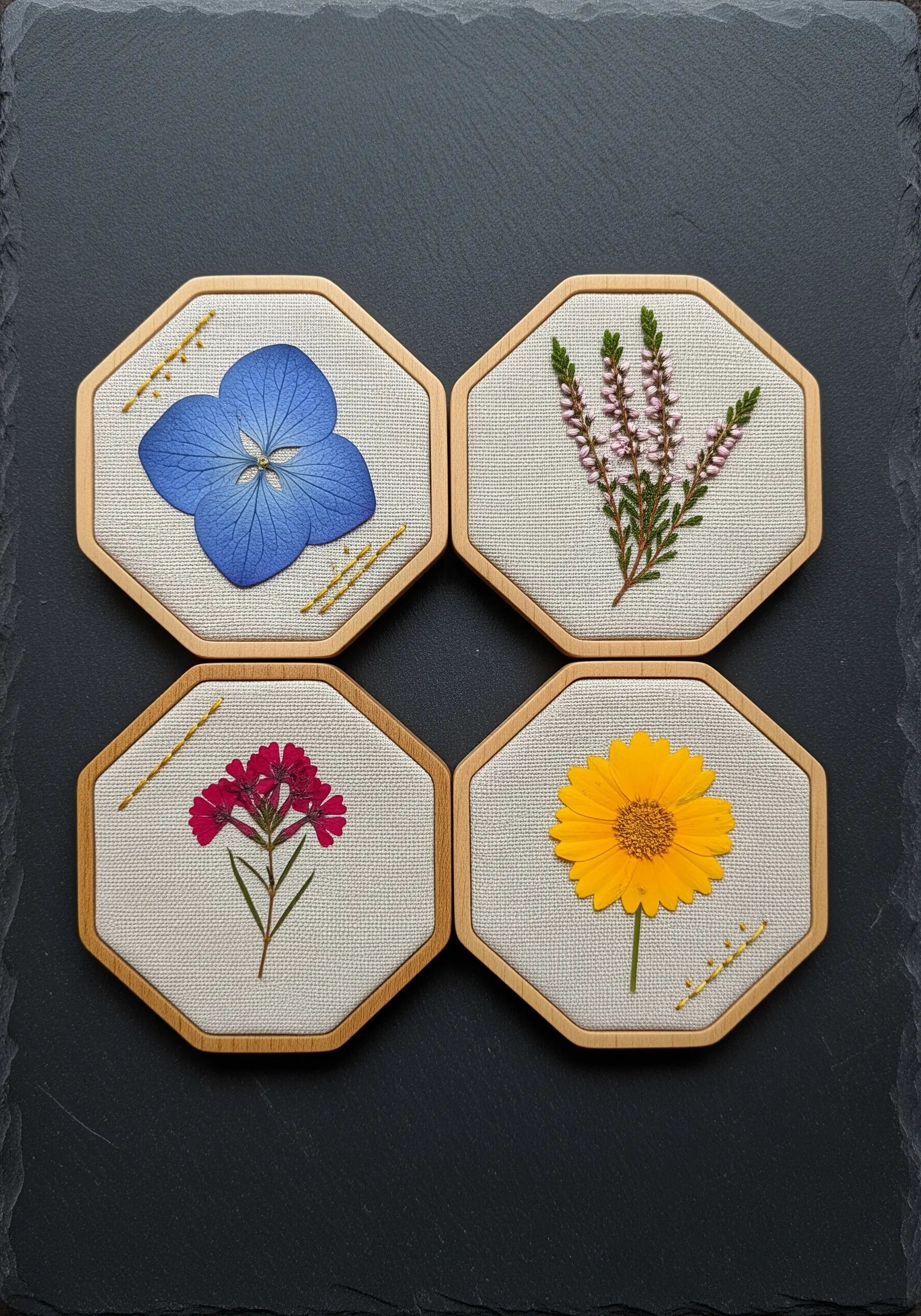 Four octagonal coasters, each with a single pressed flower and gold accent stitches.