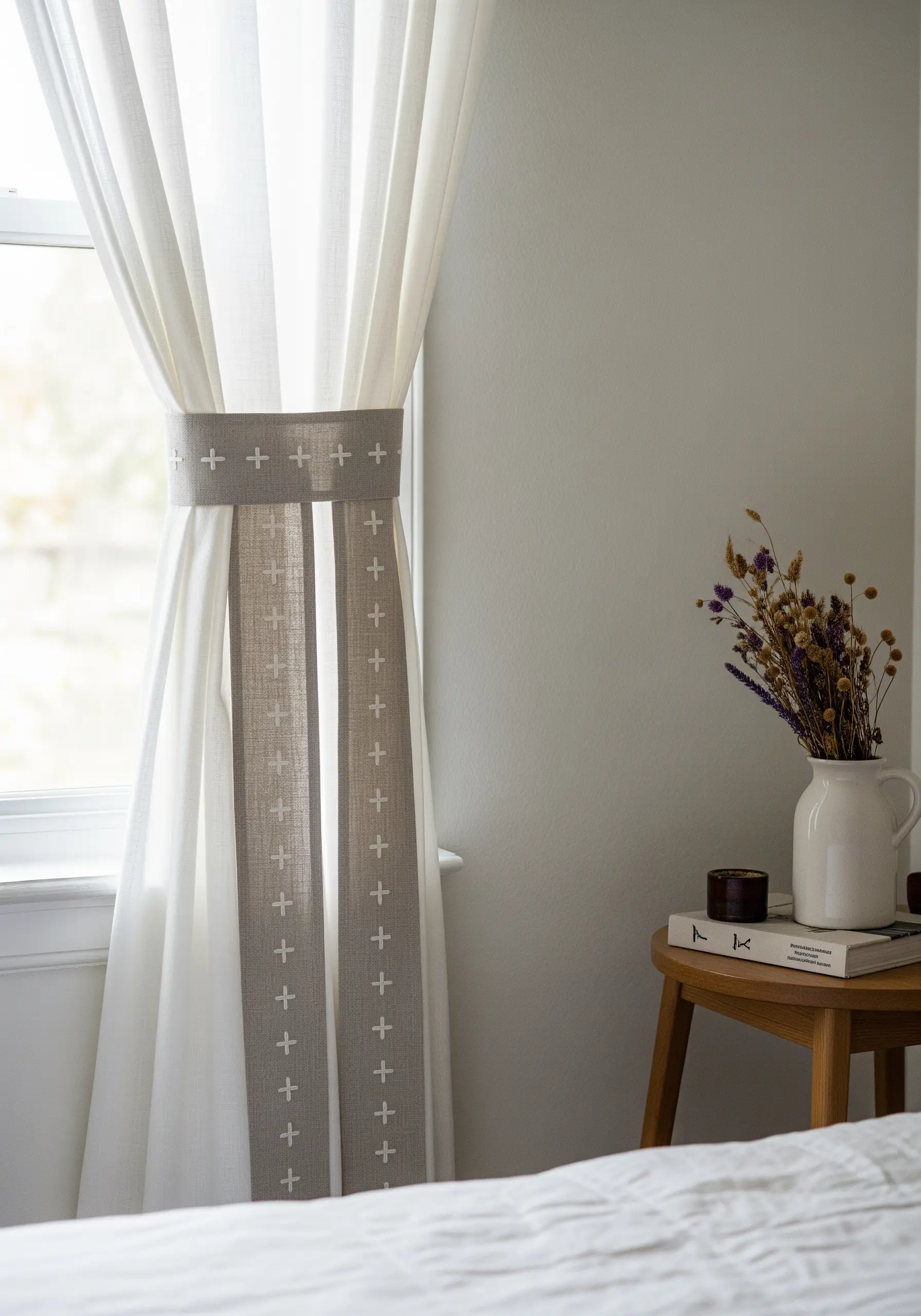 A linen curtain tie-back with a repeating pattern of small, white embroidered cross stitches.
