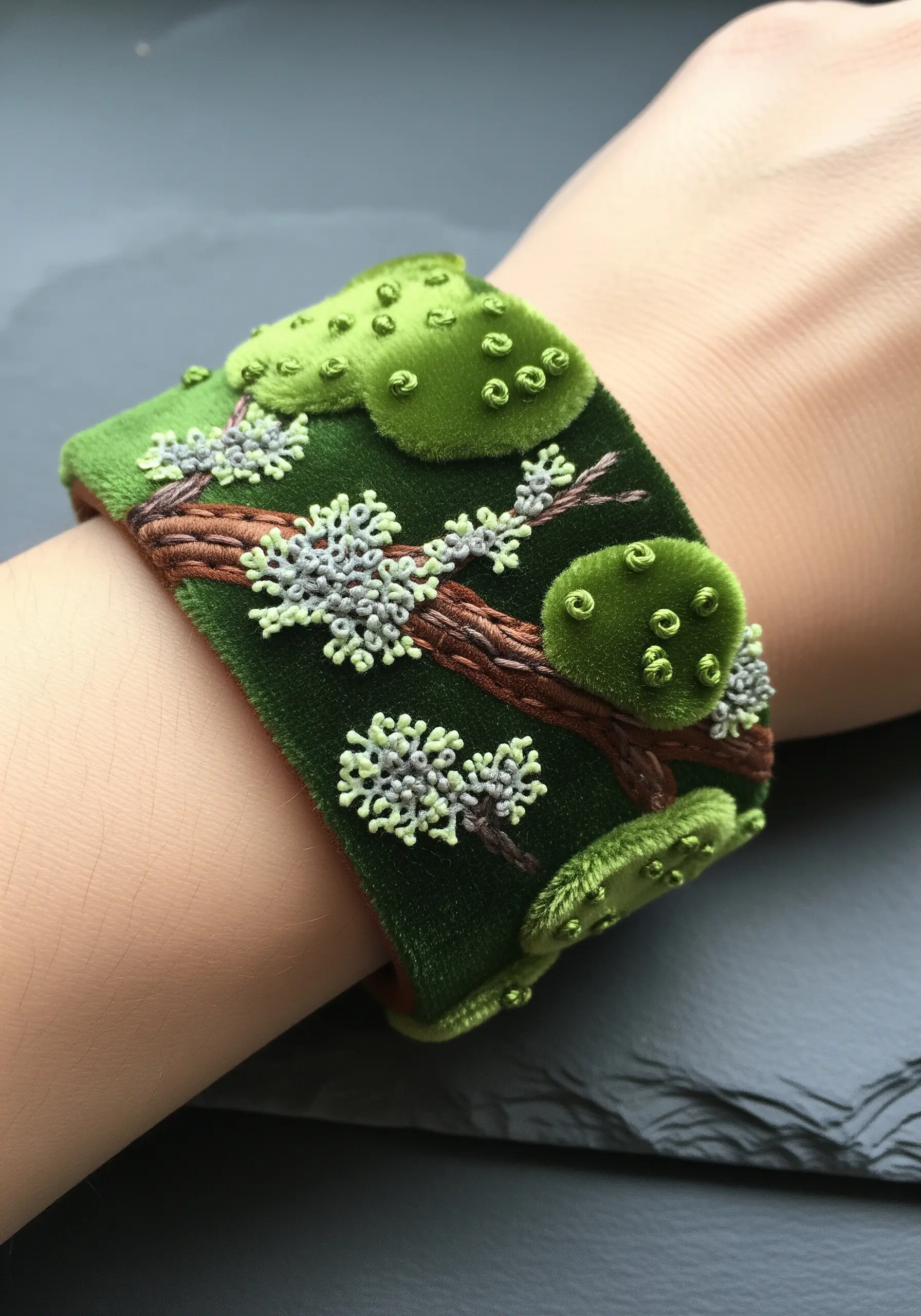 A wide green velvet bracelet embroidered with a mossy branch and lichen details.