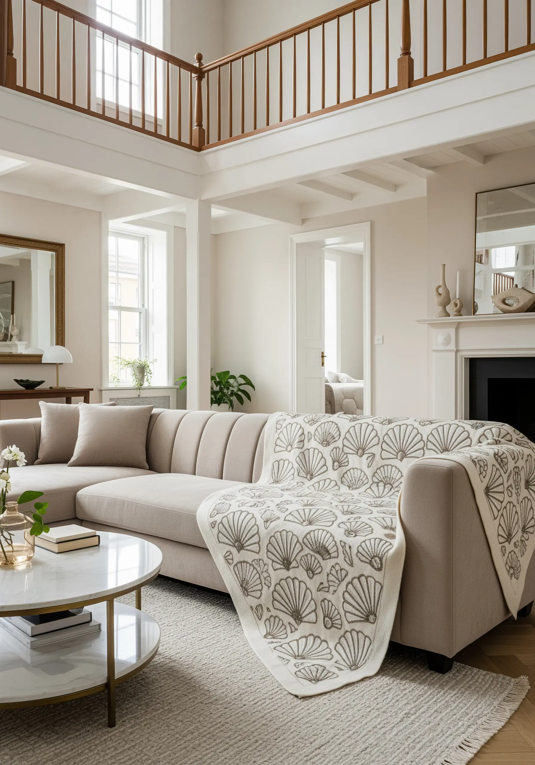 A dense, repeating pattern of outlined seashells embroidered on a white throw.