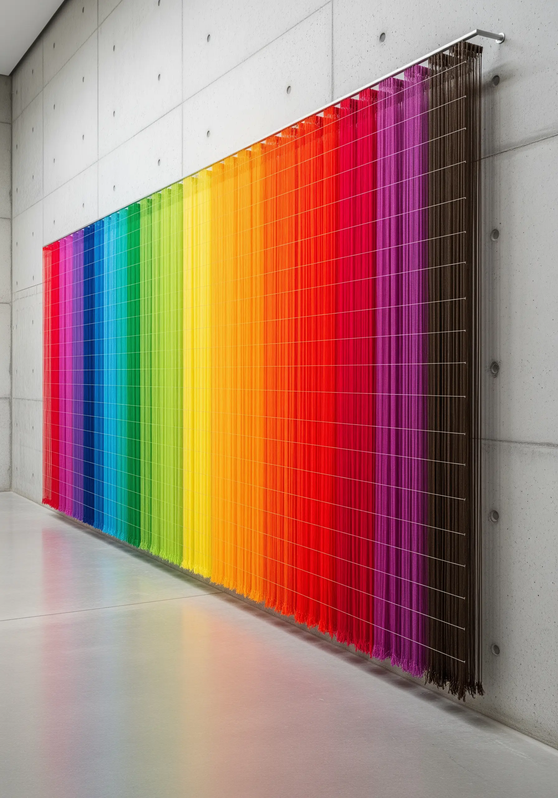 A long wall installation of threads hanging like a curtain in a perfect rainbow spectrum.