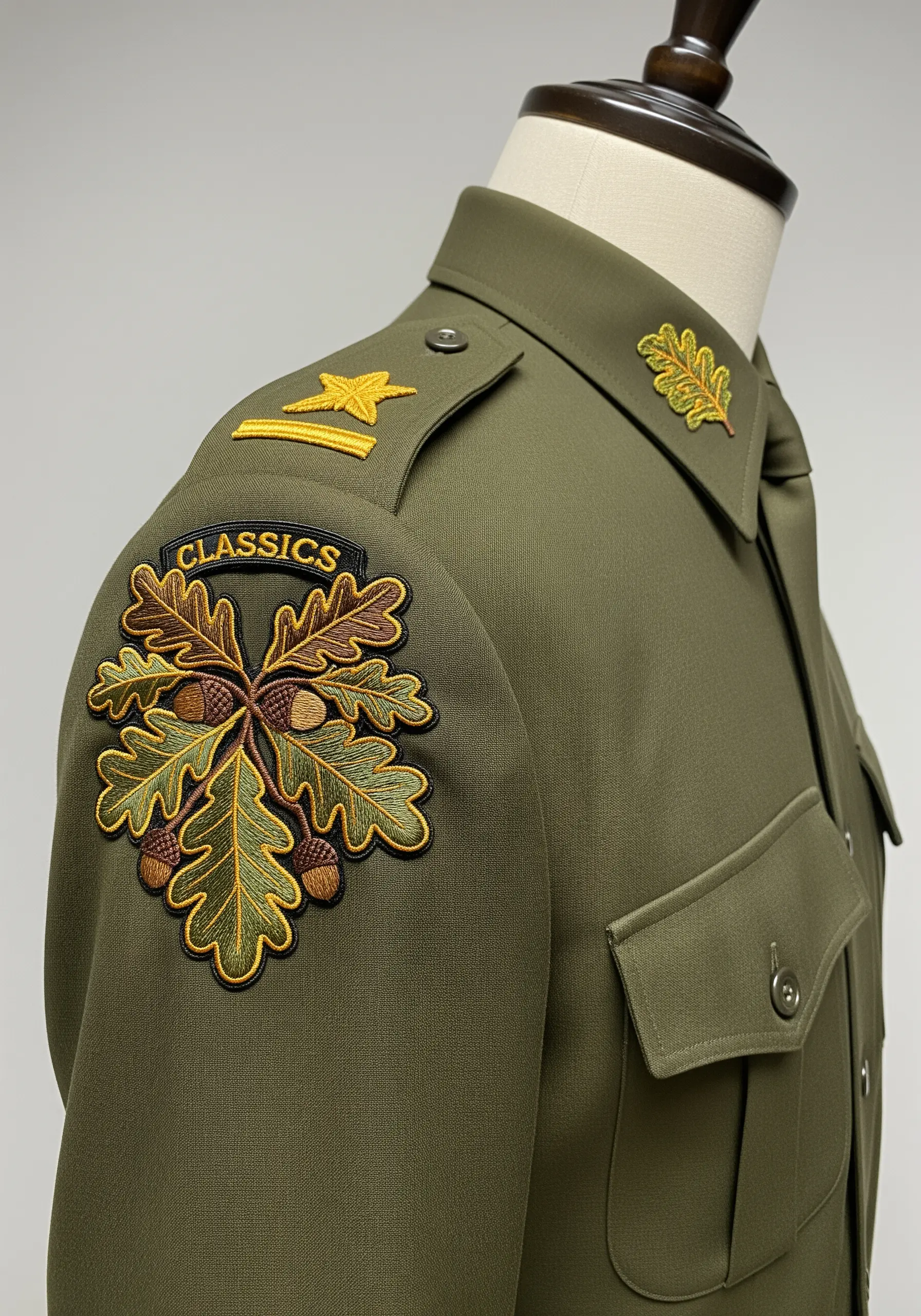 An embroidered patch of oak leaves and acorns on the shoulder of an olive green military-style shirt.