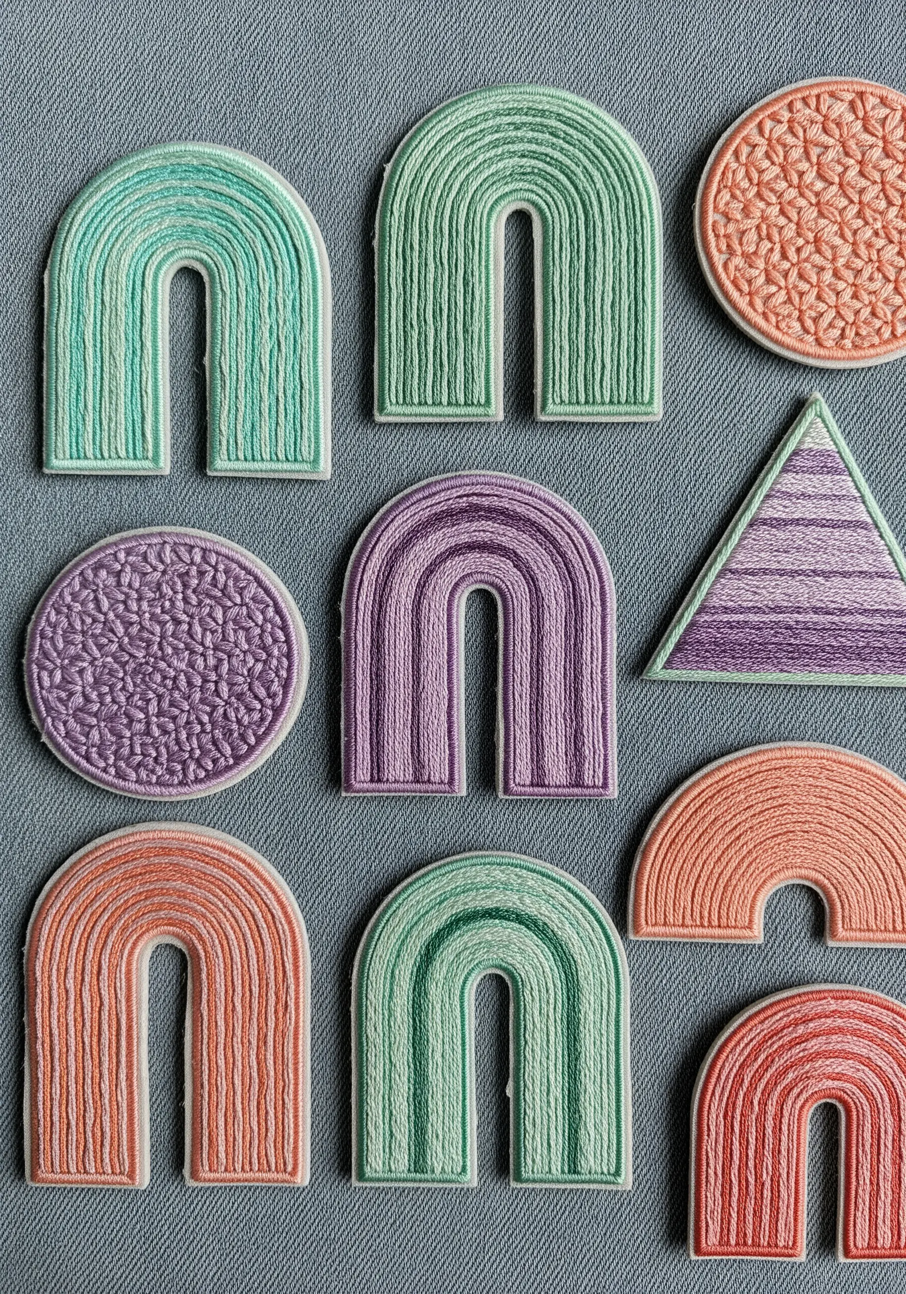 A collection of embroidered patches in various shapes with pastel gradients and textures.