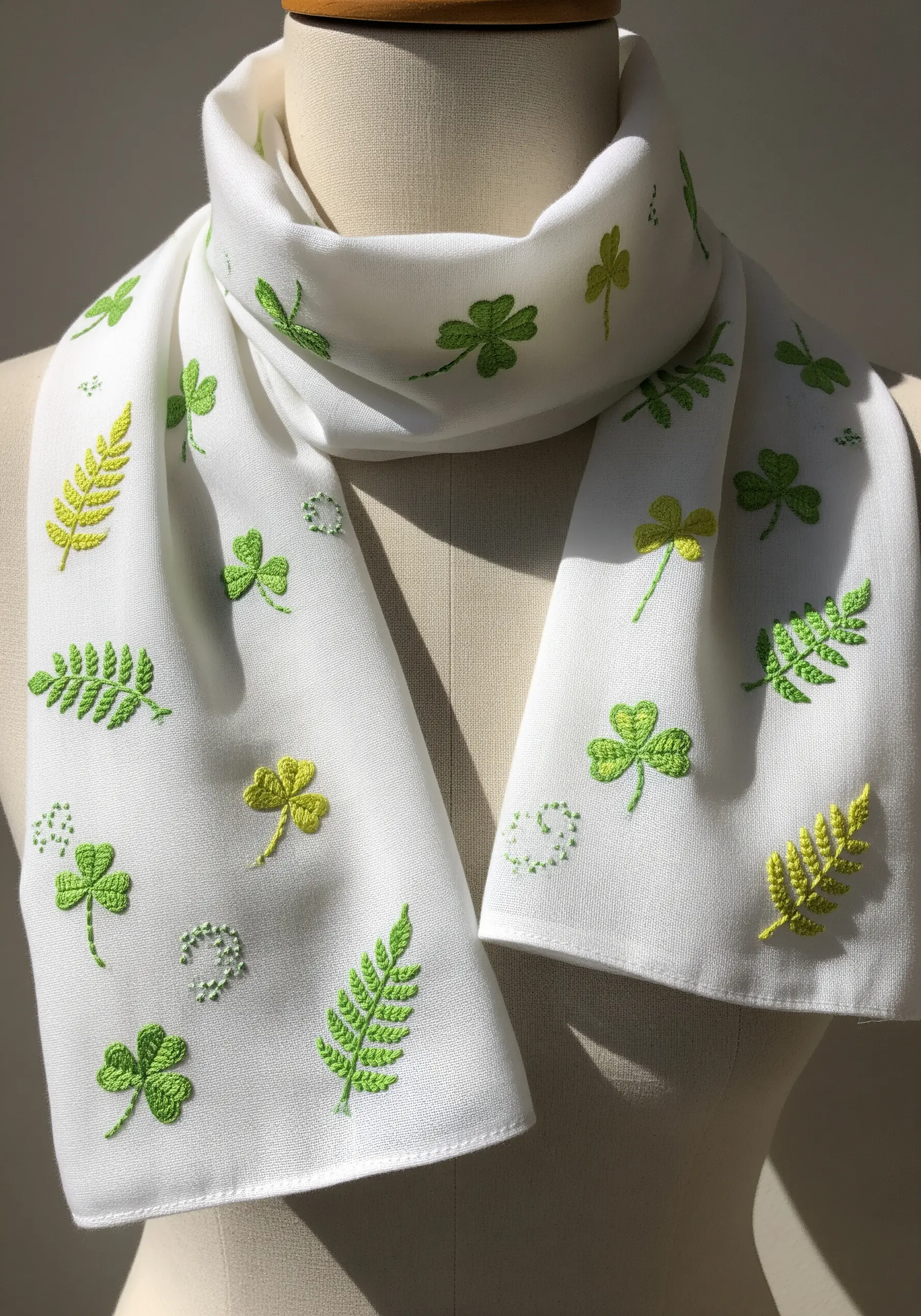 Scattered shamrock and fern embroidery in bright greens on a crisp white scarf.