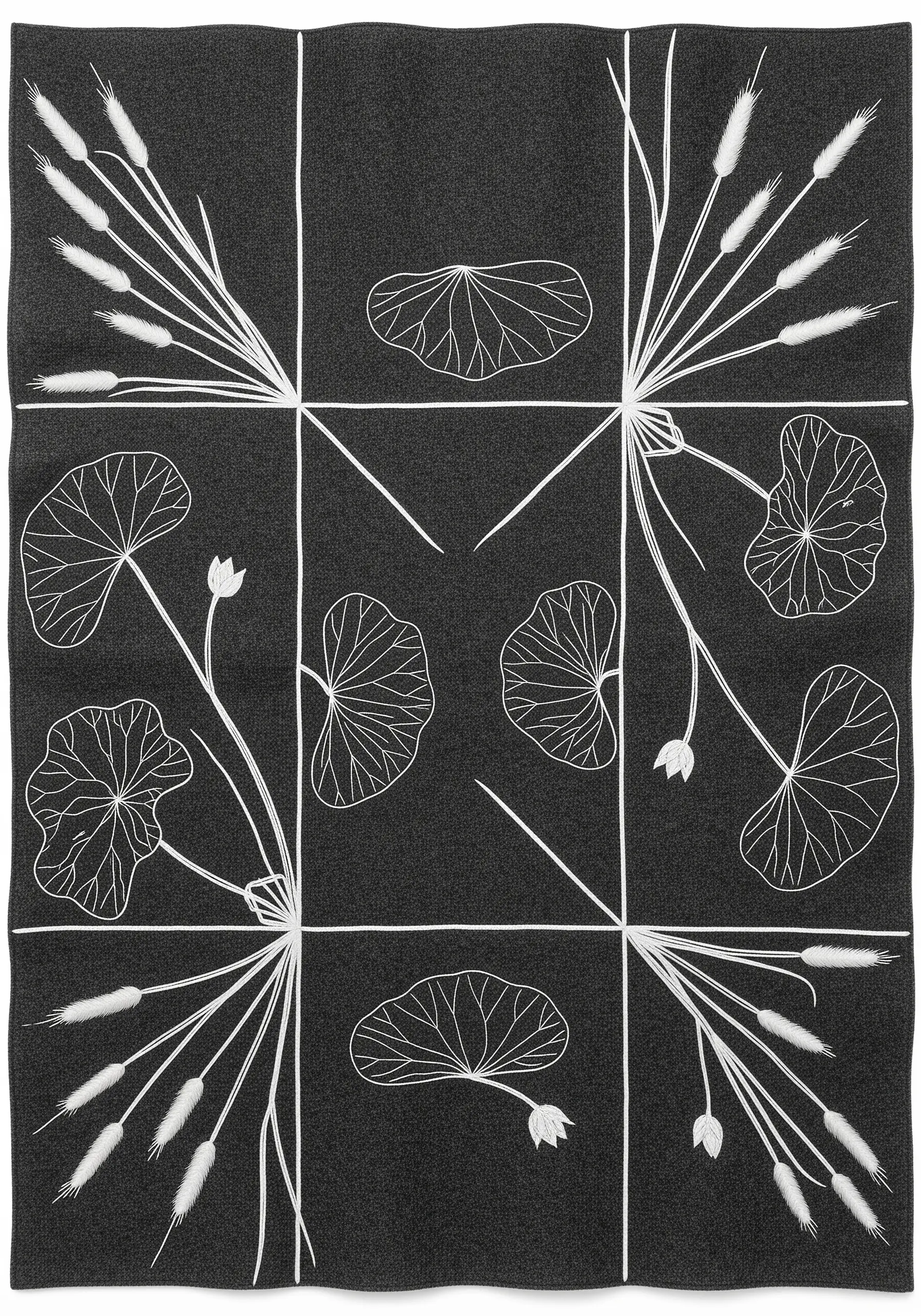 Minimalist white line-art embroidery of leaves arranged in a grid on black fabric.