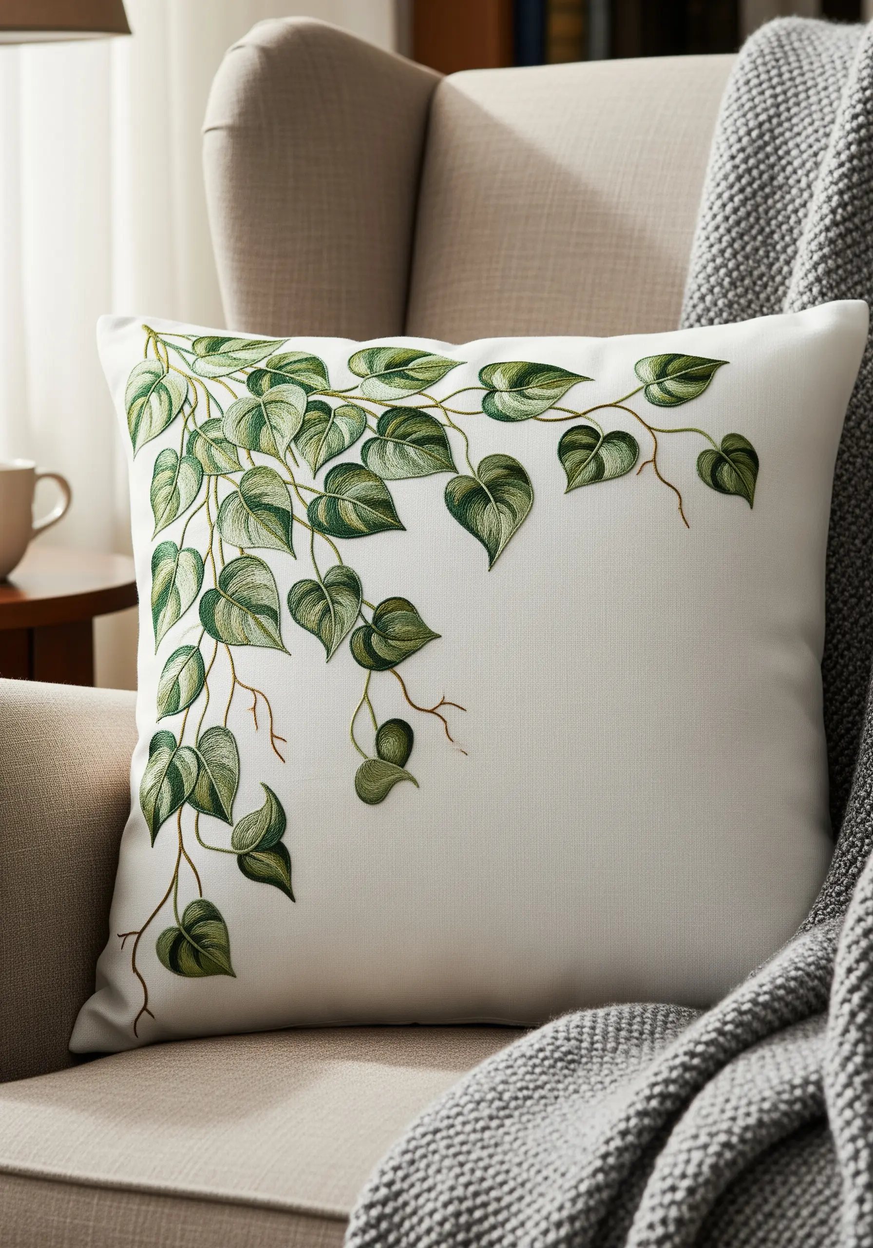 A philodendron vine with thread-painted leaves embroidered on the corner of a white cushion.