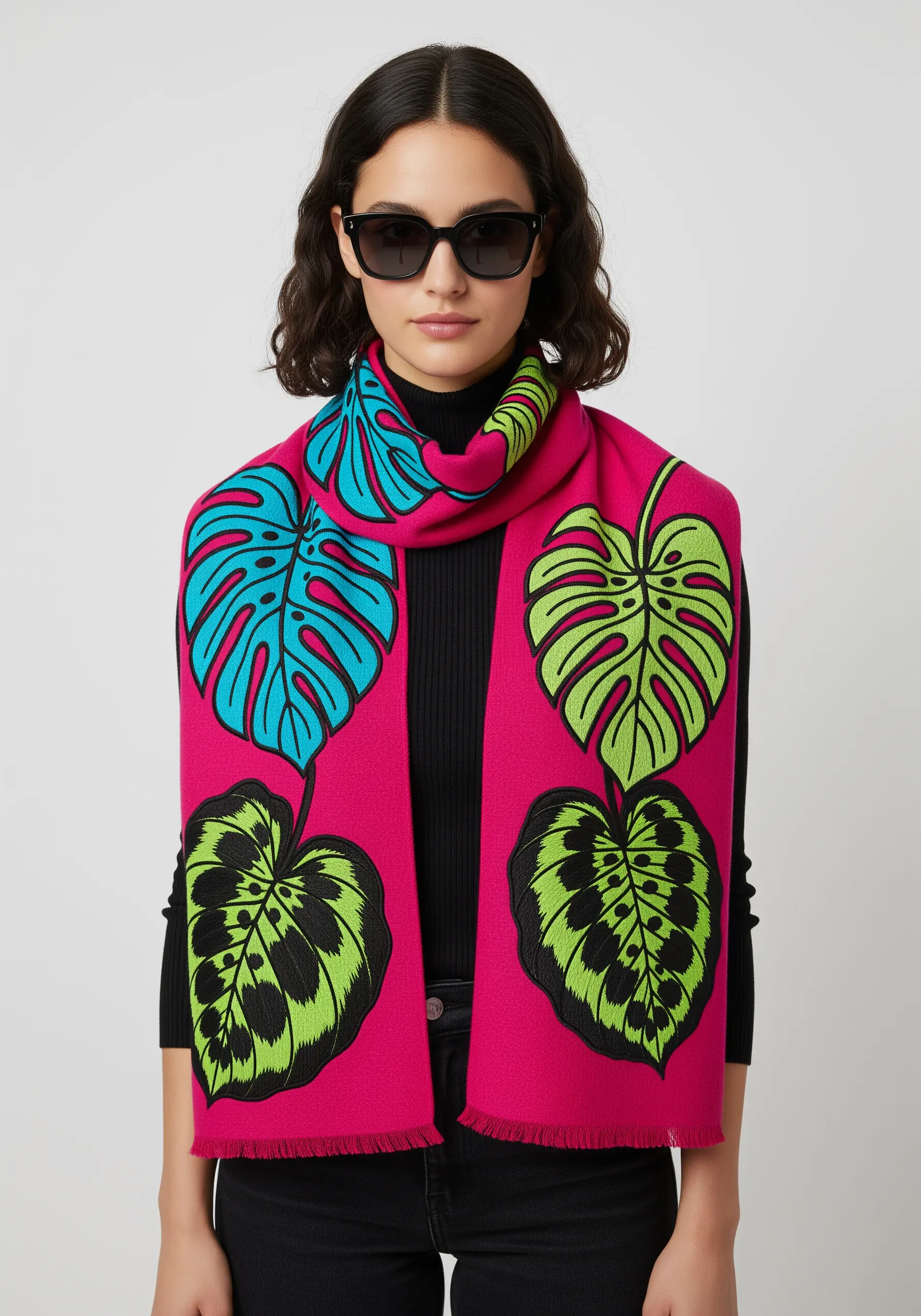 Pop-art style monstera leaves in bright, graphic colors on a hot pink scarf.
