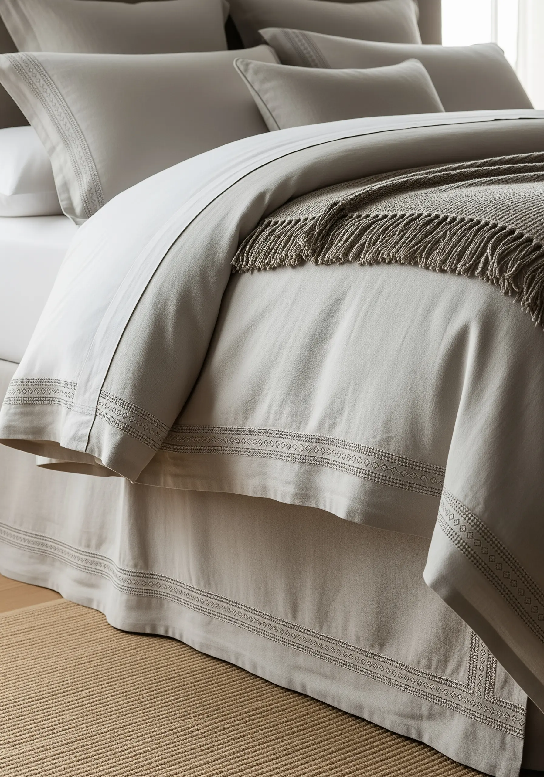 Close-up of neutral-toned bedding with a decorative hemstitch border detail.