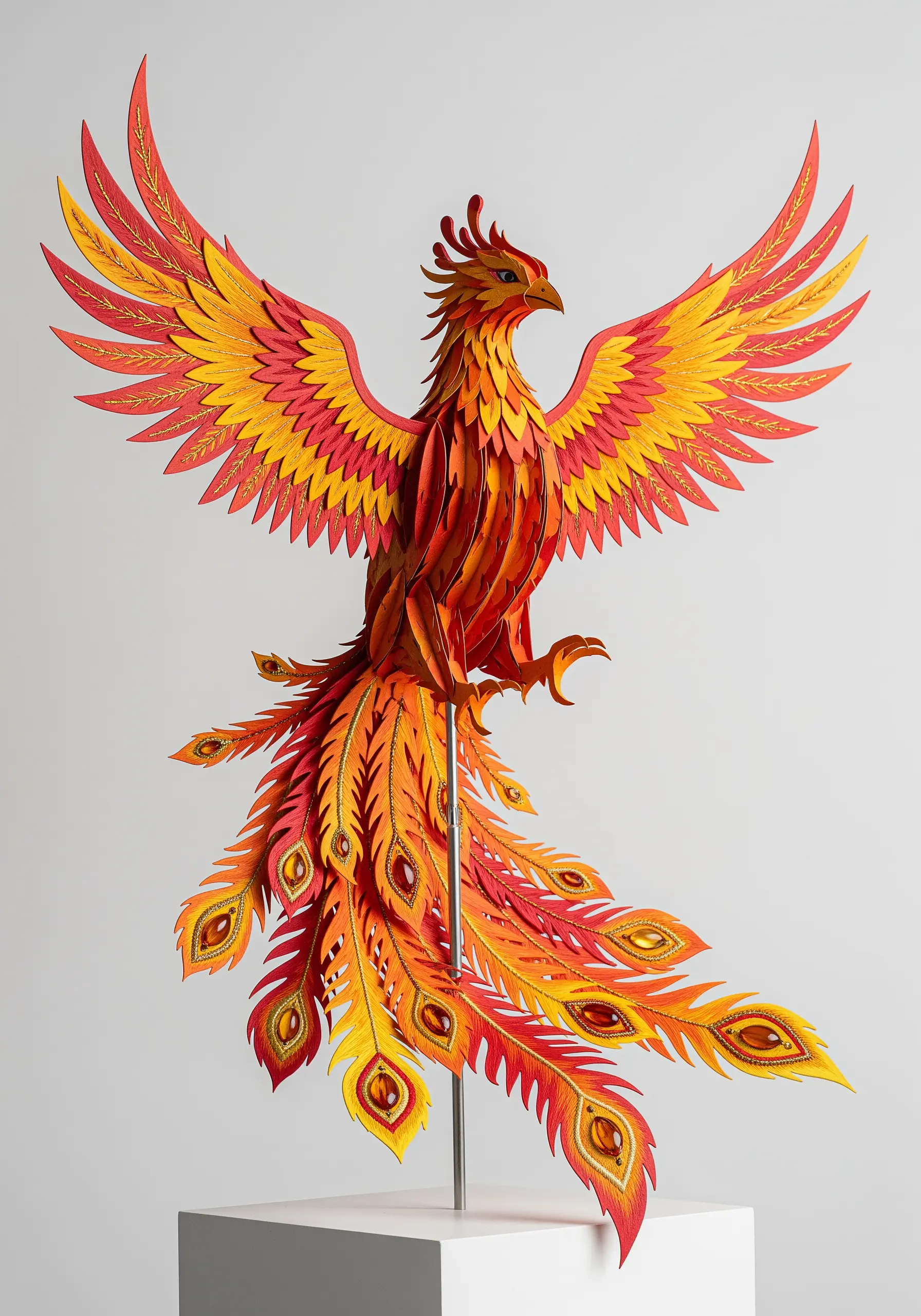 An intricate paper sculpture of a phoenix with fine embroidered details along the edges of the feathers.