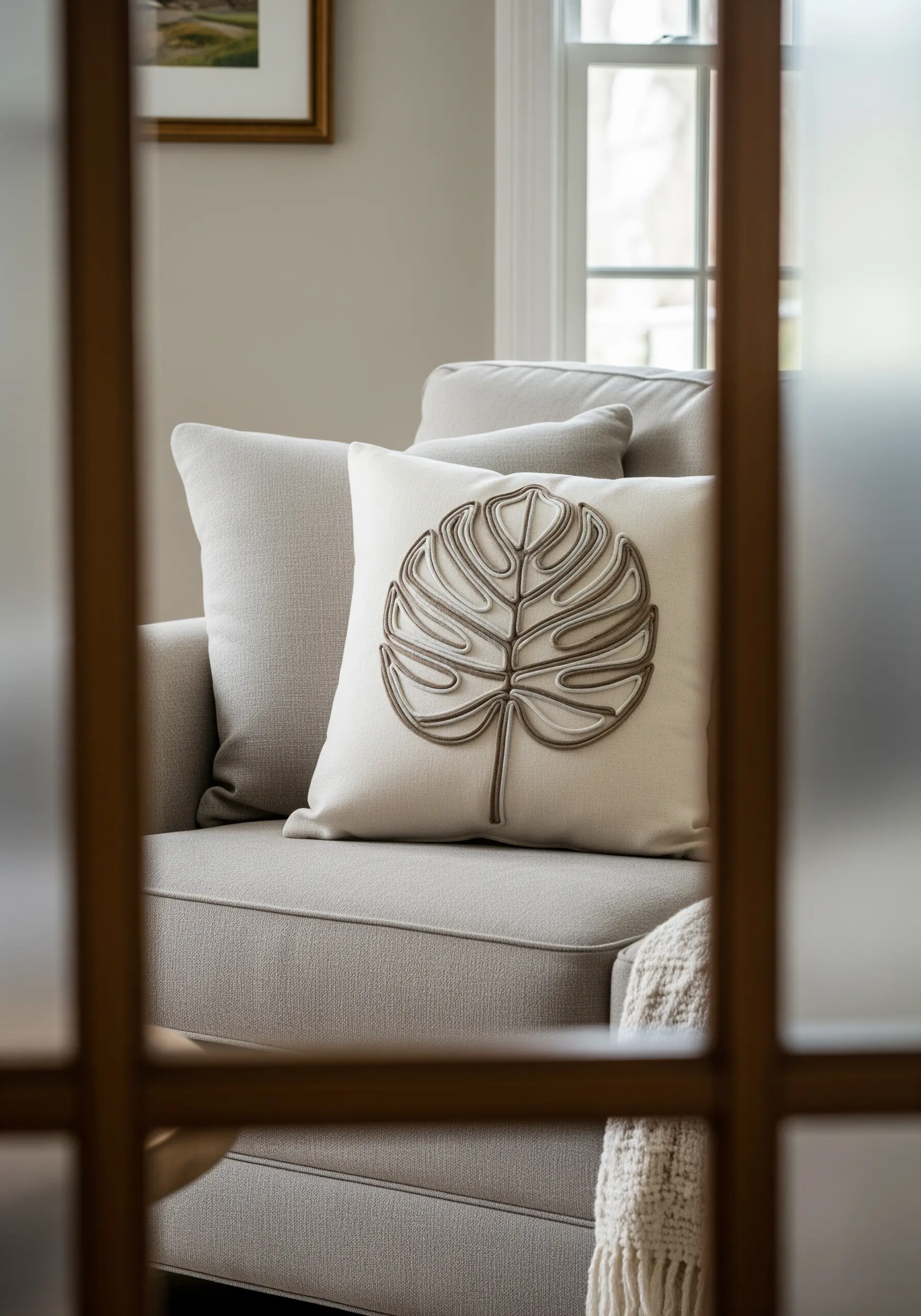 A Monstera leaf outlined in thick, couched cord on an off-white pillow.