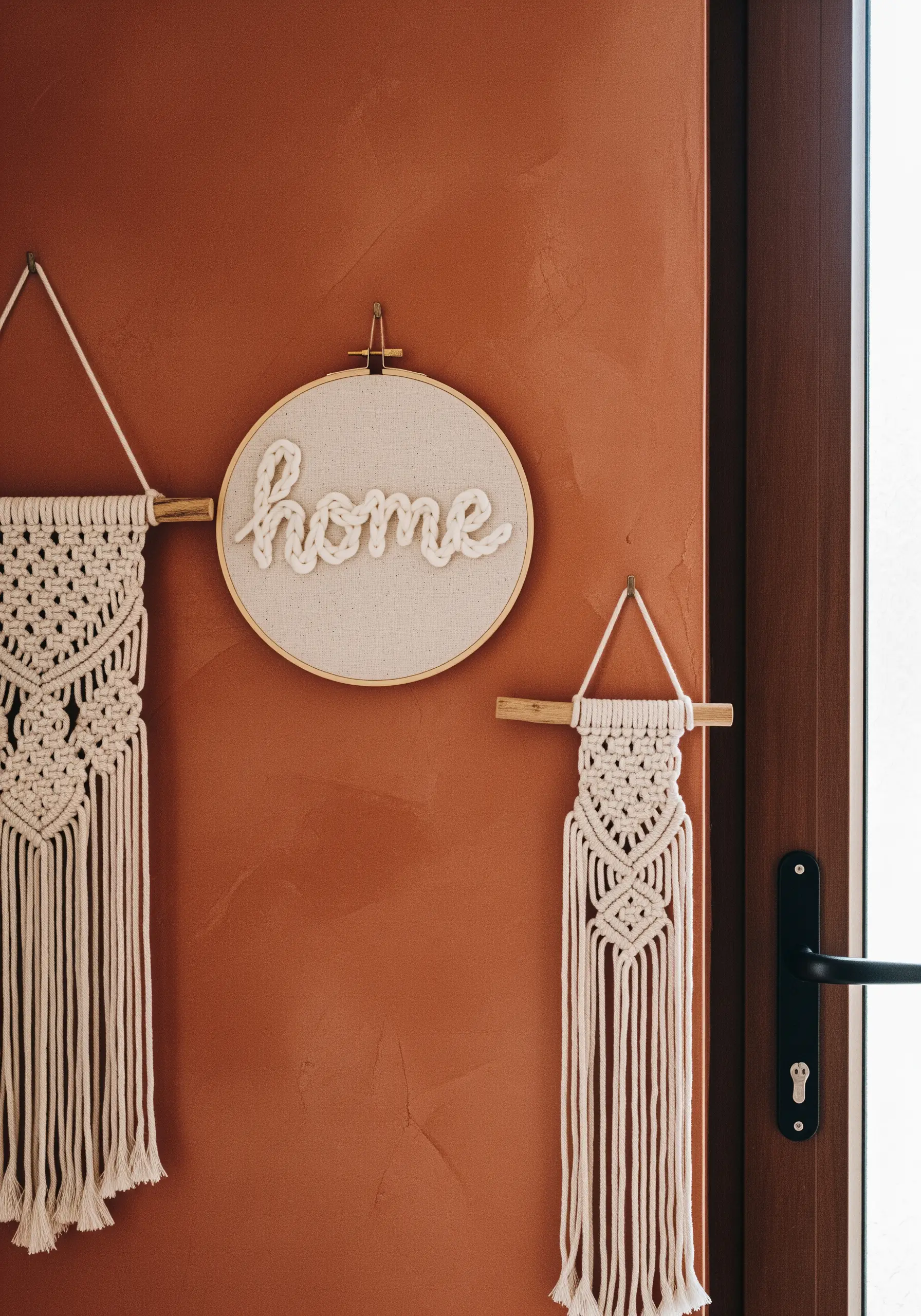 Chunky 'home' embroidery using a couched yarn technique next to macrame hangings.