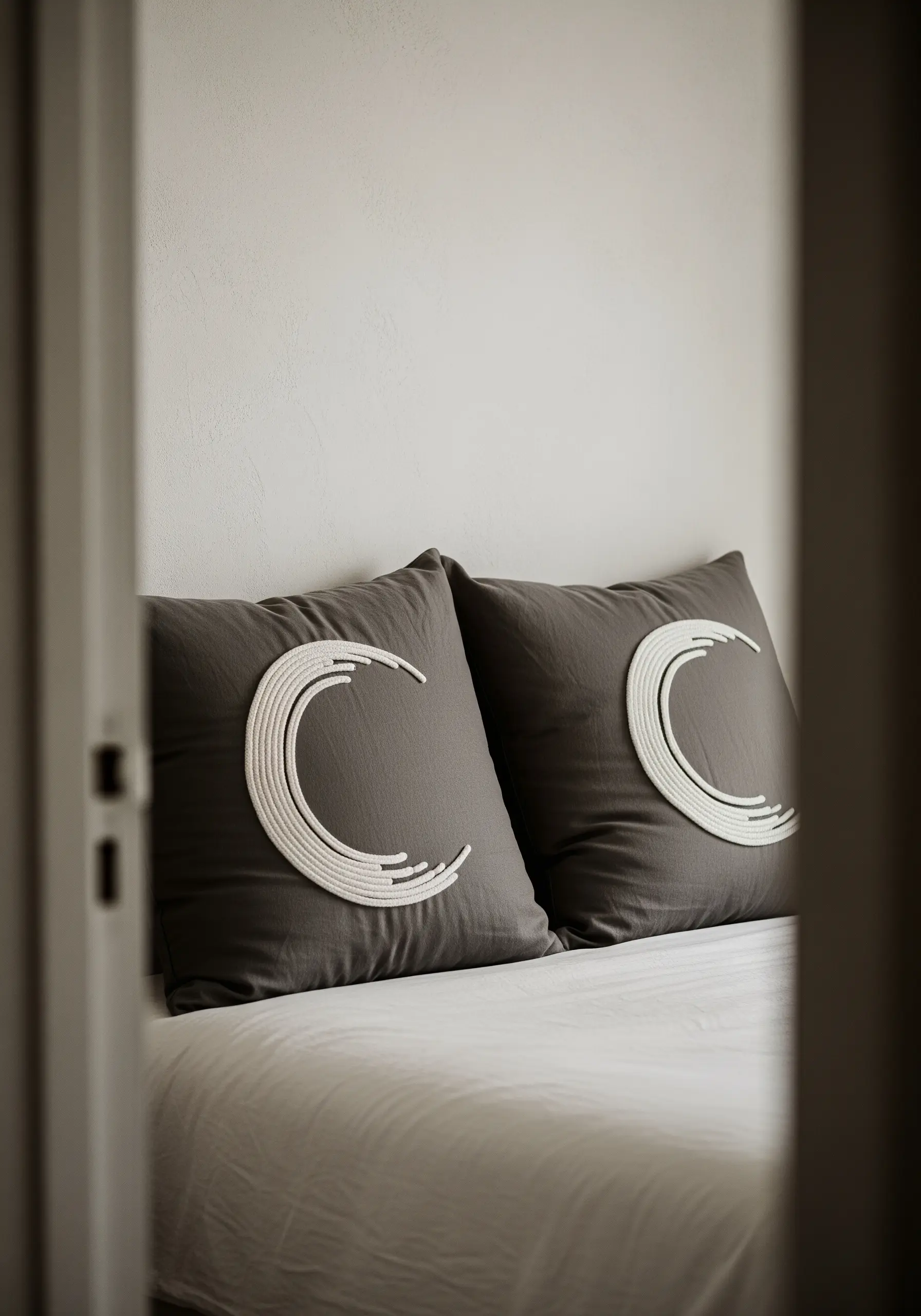 Dimensional crescent moon shapes made from wrapped cording on dark grey pillows.