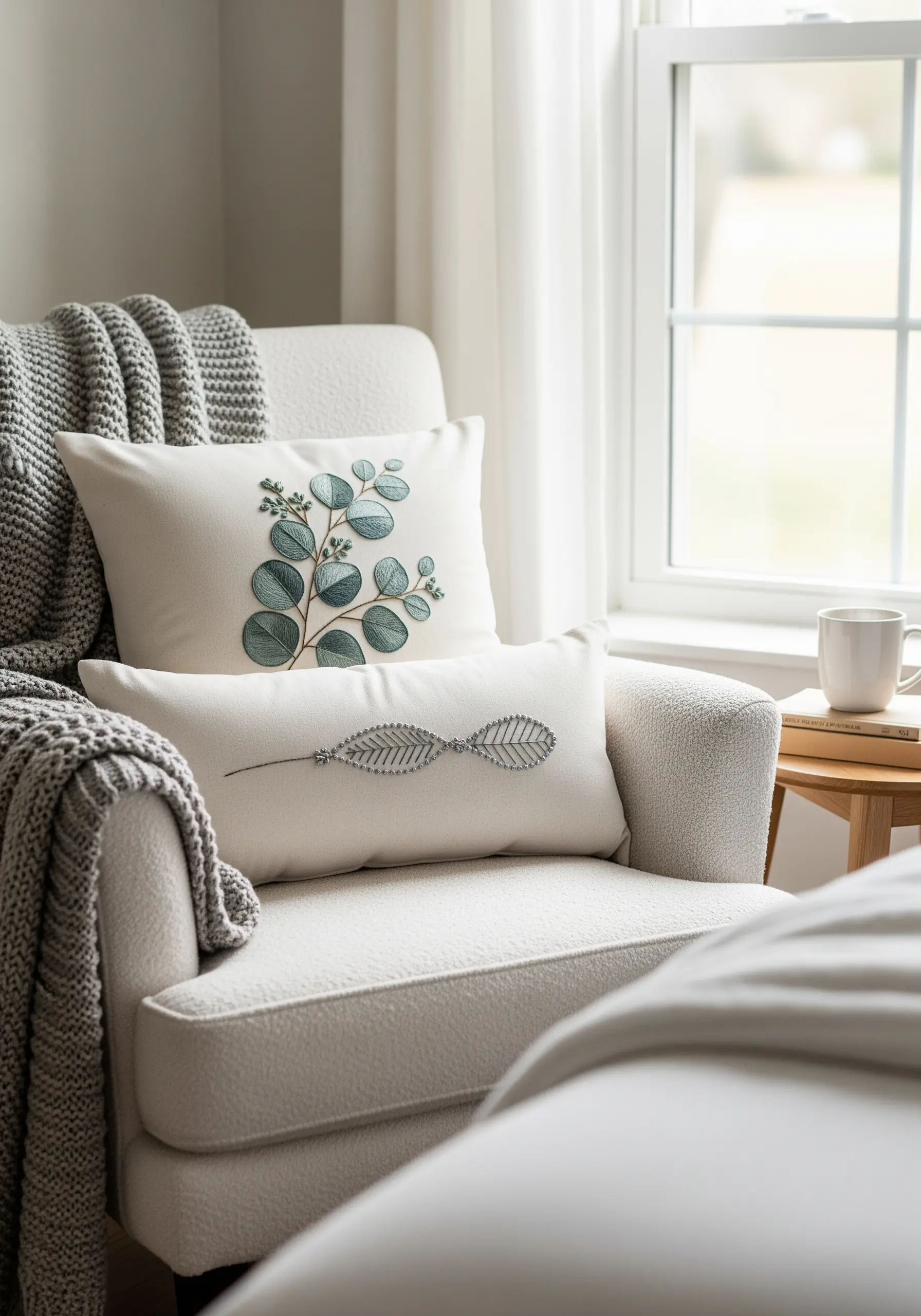 Two embroidered cushions; one with eucalyptus leaves, one with an abstract leaf outline.