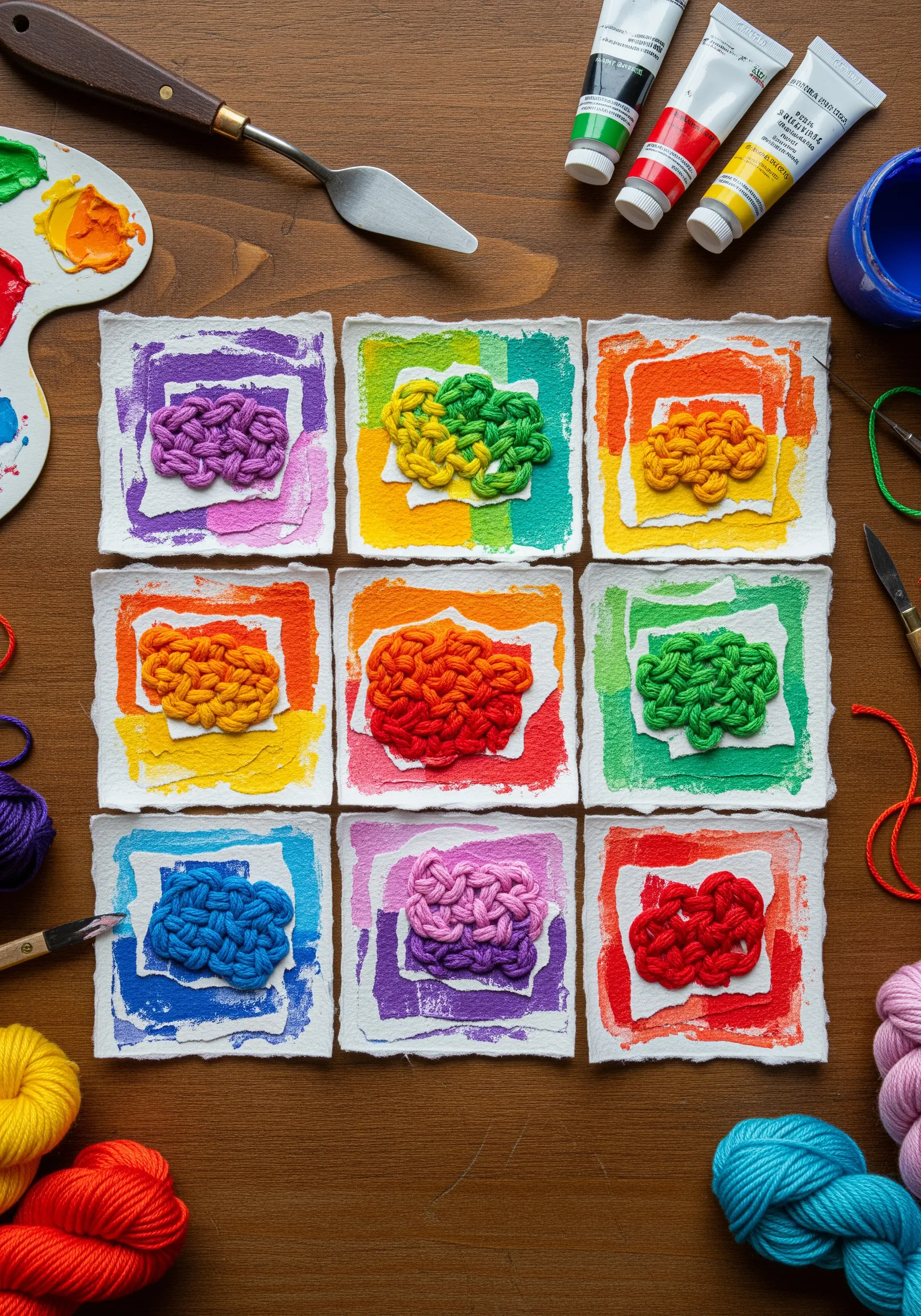 A grid of nine painted paper squares, each with a colorful, chunky embroidered knot.