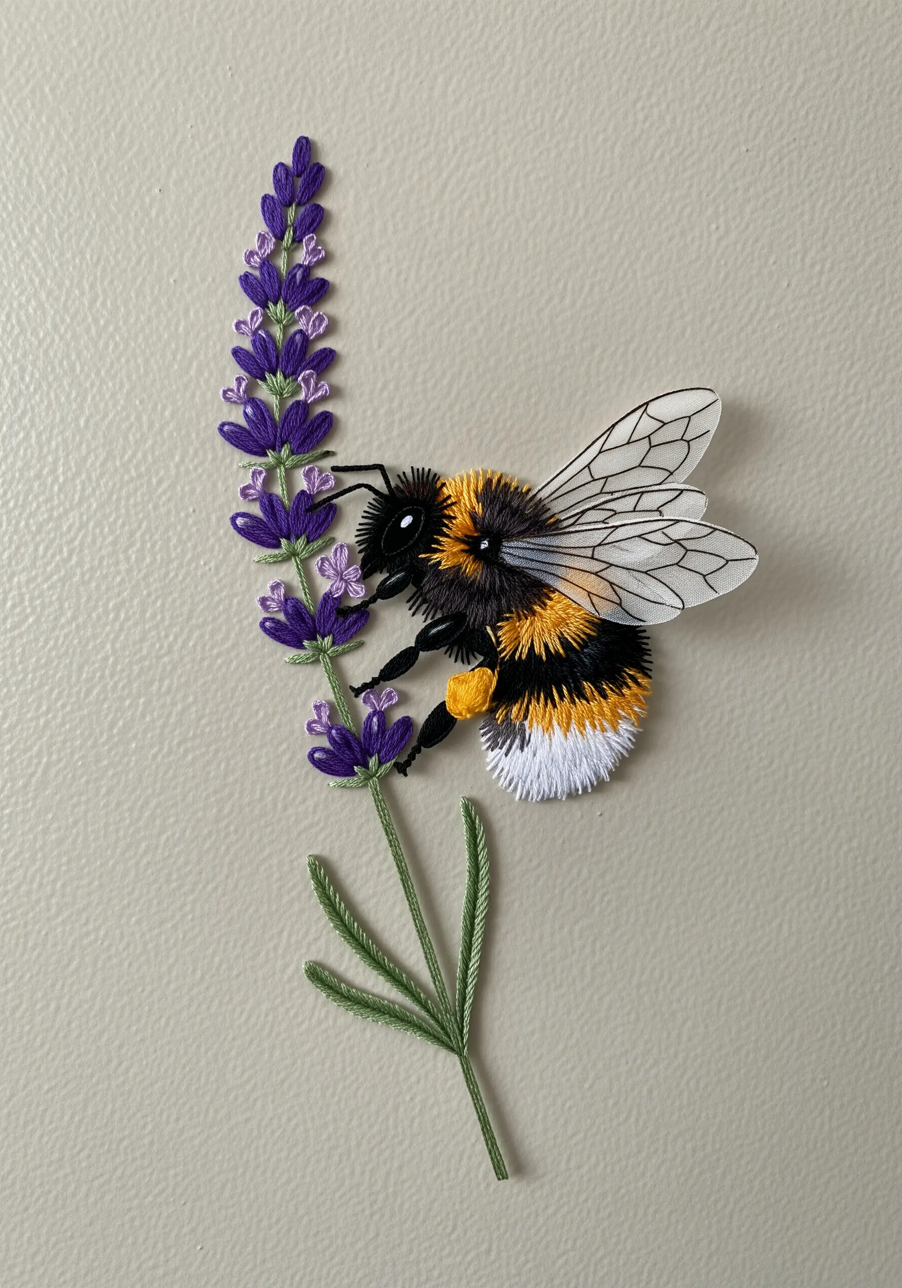 A 3D embroidered bee on a lavender stalk with detached organza wings.