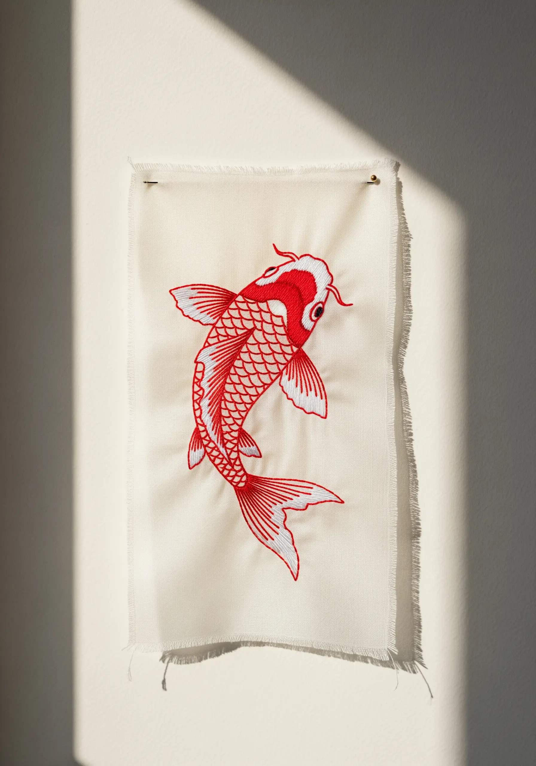 A red and white embroidered koi fish with stitches following its curves.
