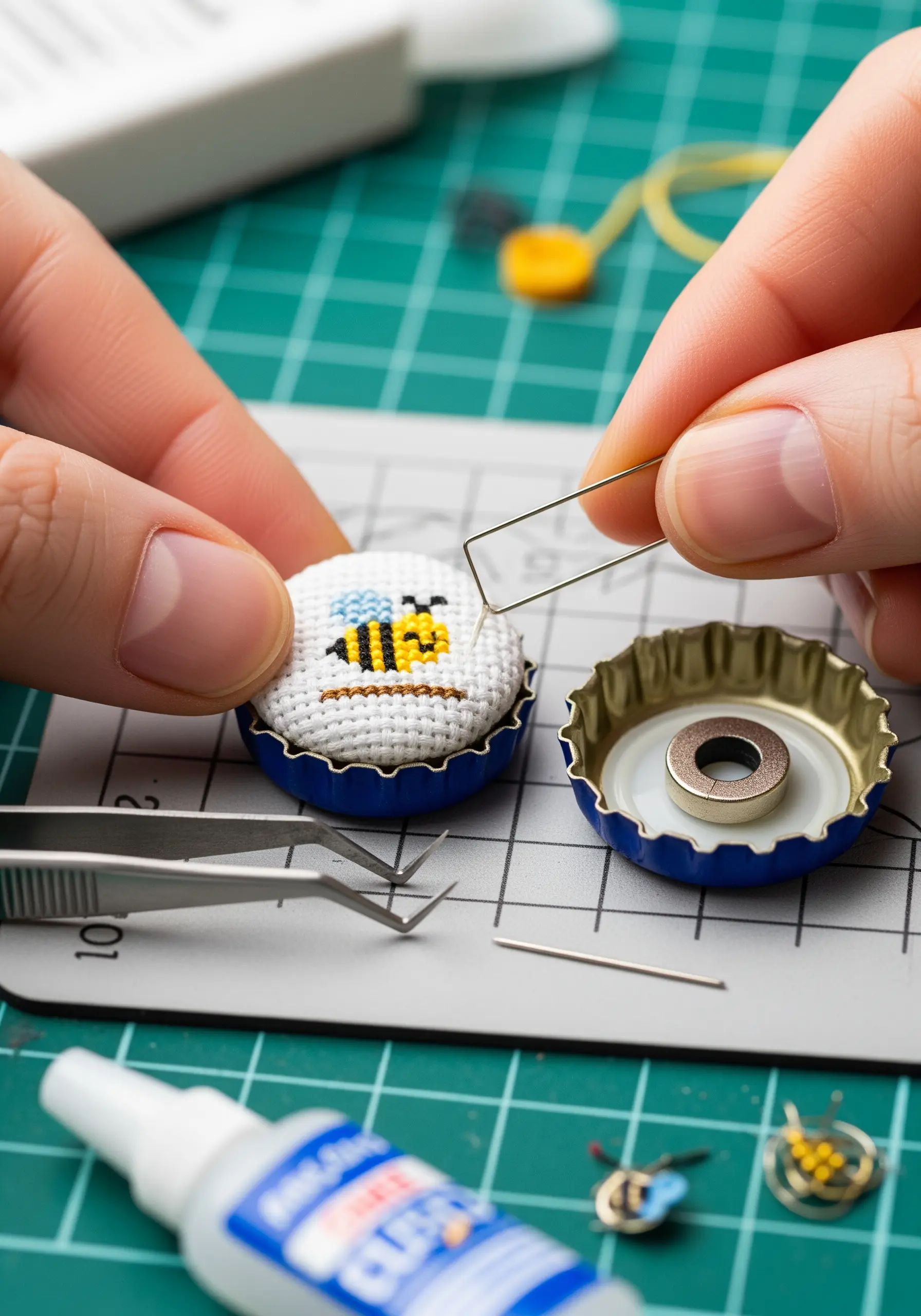 Hands assembling a micro cross-stitched bee design into a bottle cap to create a magnet.