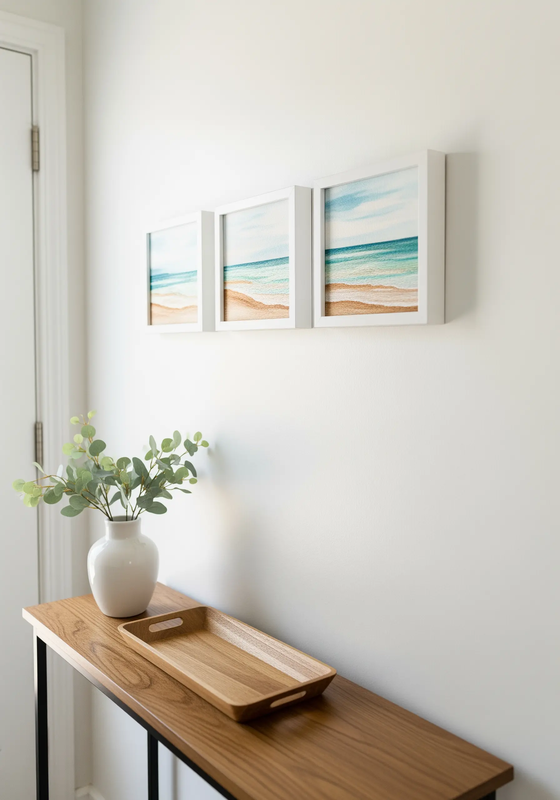 A triptych of three framed embroidery pieces forming a single watercolor-style beach scene.