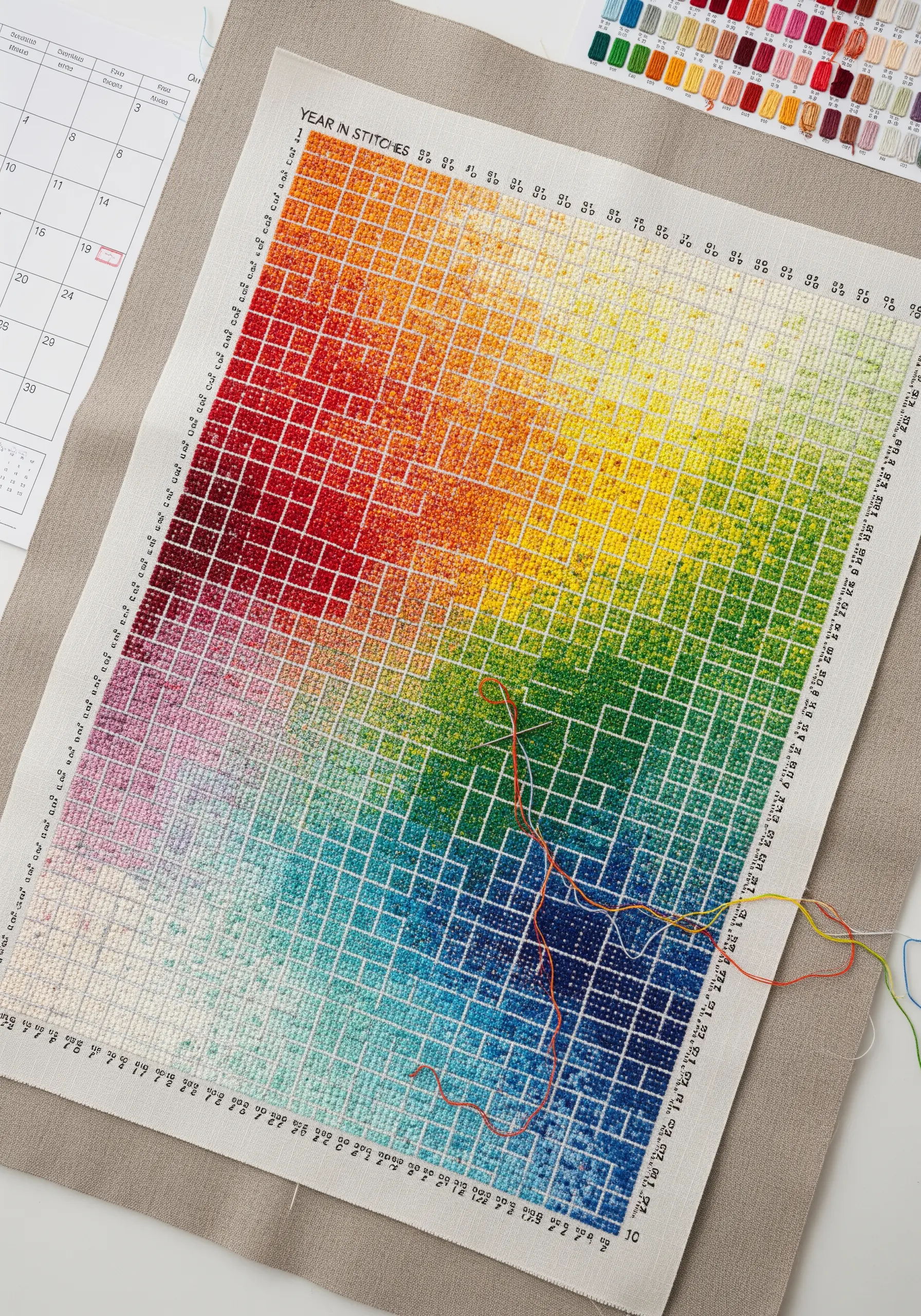 A large 'year in stitches' project showing a grid being filled with a rainbow of colored stitches.